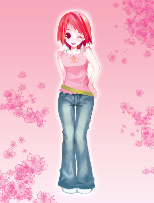 haruse hiroki, original, 1girl, belt, denim, female focus, flower, jeans, one eye closed, pants, pink theme, red hair, short hair, solo, wink