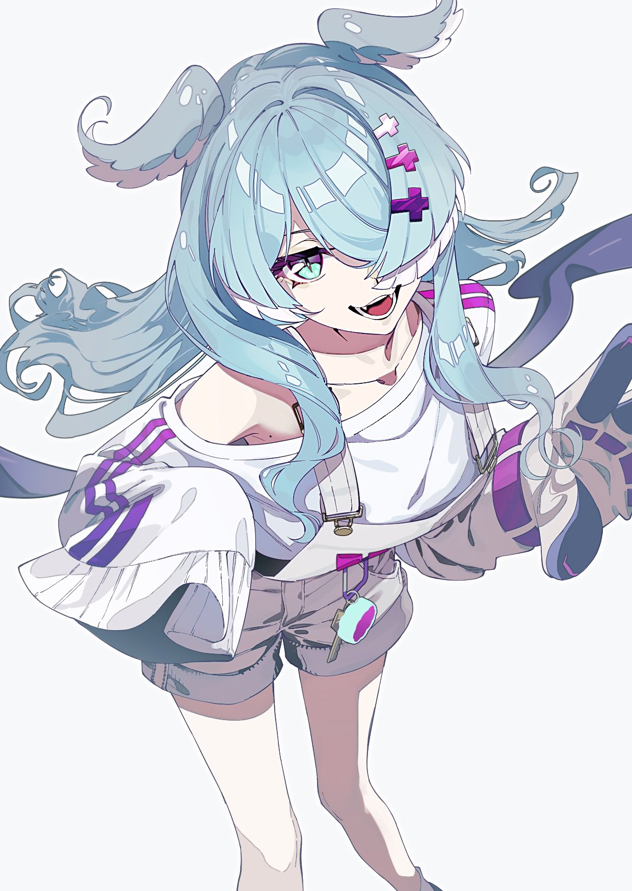 mottari (mottariquestion), elira pendora, elira pendora (1st costume), nijisanji, nijisanji en, highres, 1girl, aqua eyes, blue hair, breasts, collarbone, cross-shaped pupils, fangs, gloves, hair over one eye, head wings, large breasts, long hair, low wings, mole, mole on armpit, open mouth, overalls, simple background, single glove, single off shoulder, single sleeve past fingers, smile, solo, symbol-shaped pupils, virtual youtuber, white background, white overalls, wings