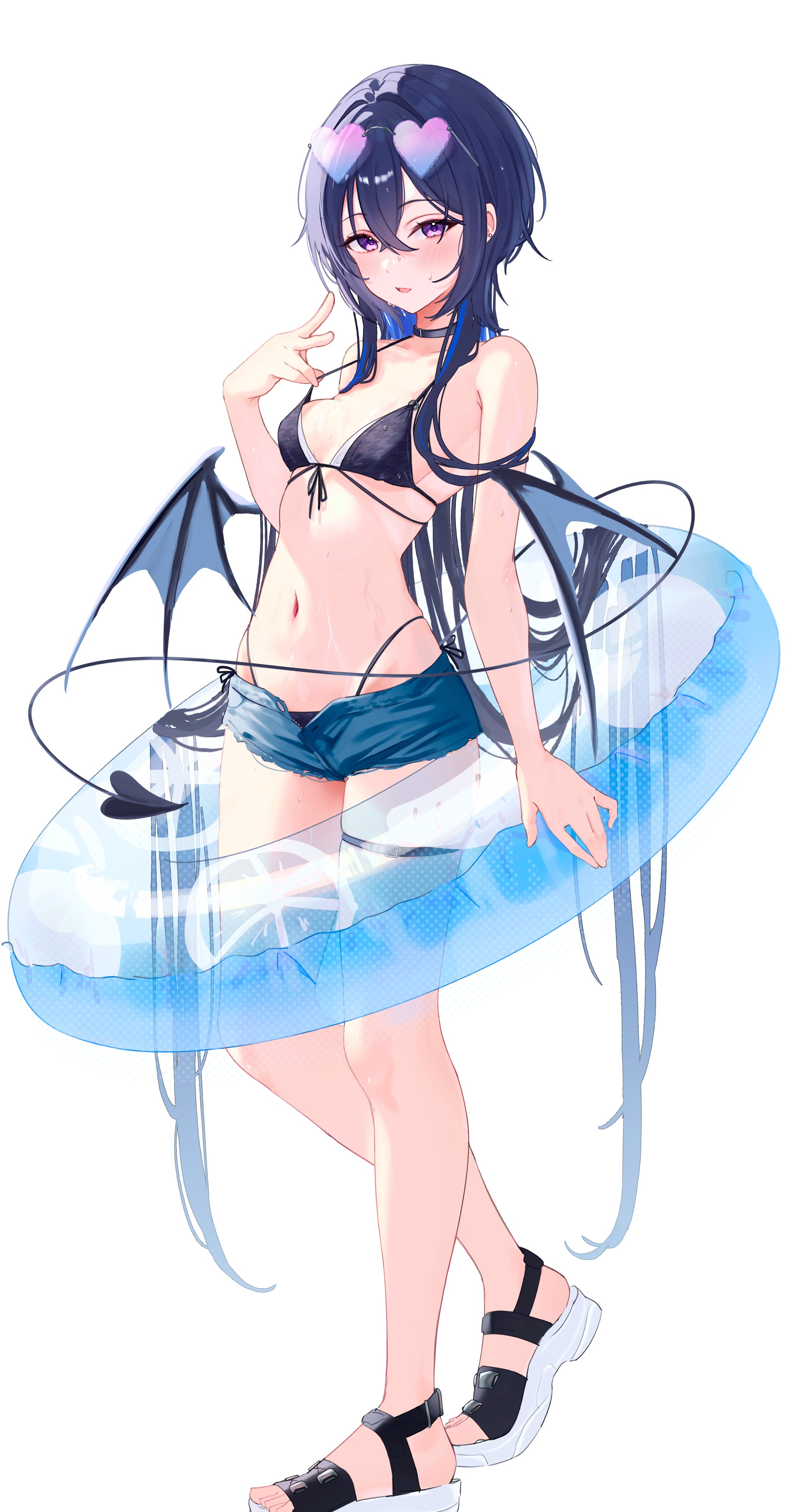 meercat dayo, ichinose uruha, vspo!, absurdres, commentary request, highres, 1girl, bare shoulders, bikini, black bikini, black choker, black hair, blue shorts, breasts, choker, cutoffs, demon girl, demon tail, demon wings, denim, denim shorts, eyewear on head, front-tie bikini top, front-tie top, hand up, heart, heart-shaped eyewear, highleg, highleg bikini, innertube, long hair, looking at viewer, multicolored hair, navel, open fly, purple eyes, sandals, short shorts, shorts, simple background, skindentation, small breasts, solo, stomach, strap pull, streaked hair, string bikini, sunglasses, swim ring, swimsuit, tail, thigh strap, thighs, two-tone hair, very long hair, virtual youtuber, white background, wings