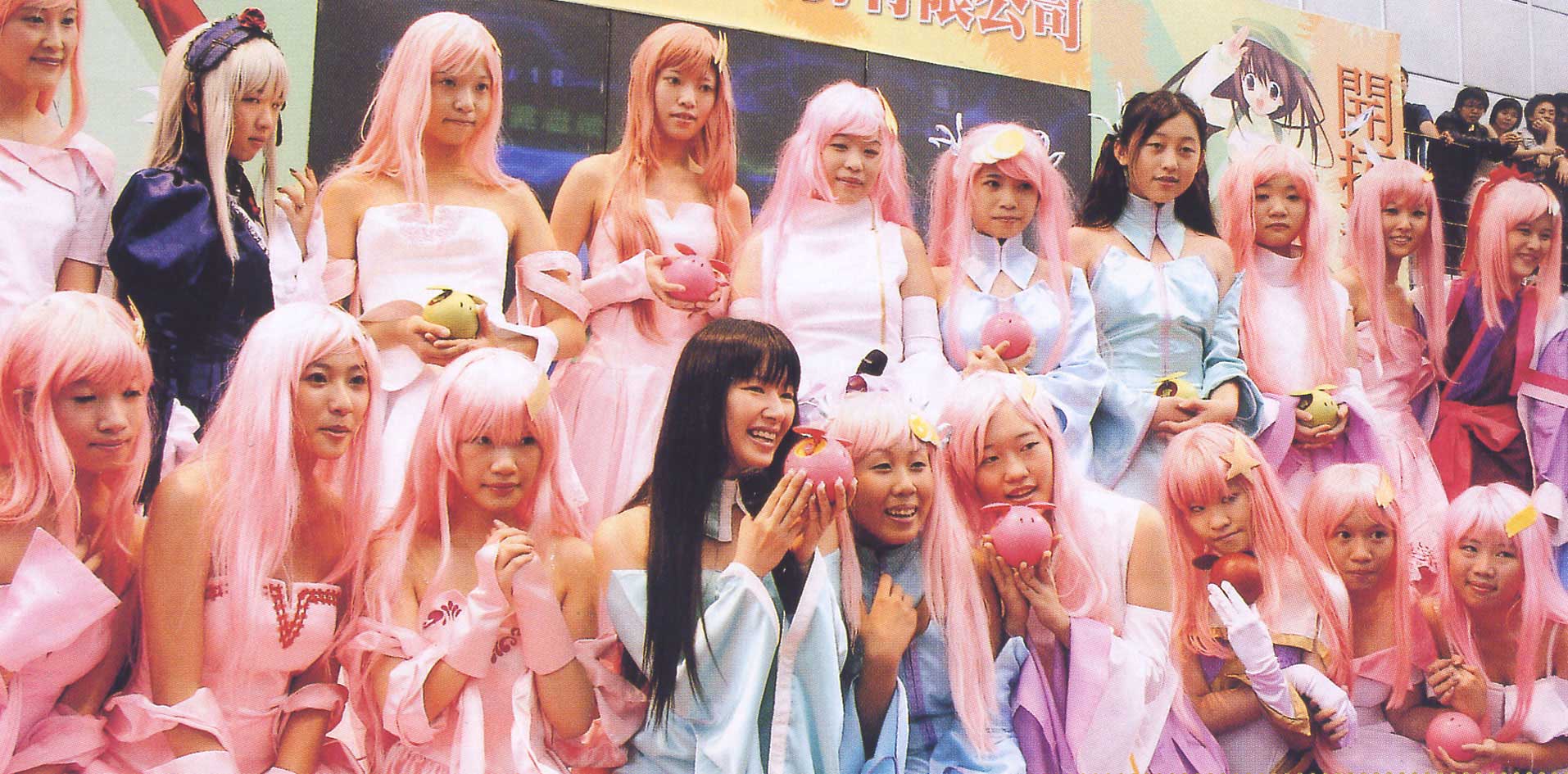 tanaka rie, haro, lacus clyne, meer campbell, suigintou, gundam, gundam seed, gundam seed destiny, real life, rozen maiden, cosplay photo, highres, long image, photo (medium), wide image, 6+girls, cosplay, hair ornament, multiple girls, star (symbol), star hair ornament, voice actor, voice actor connection
