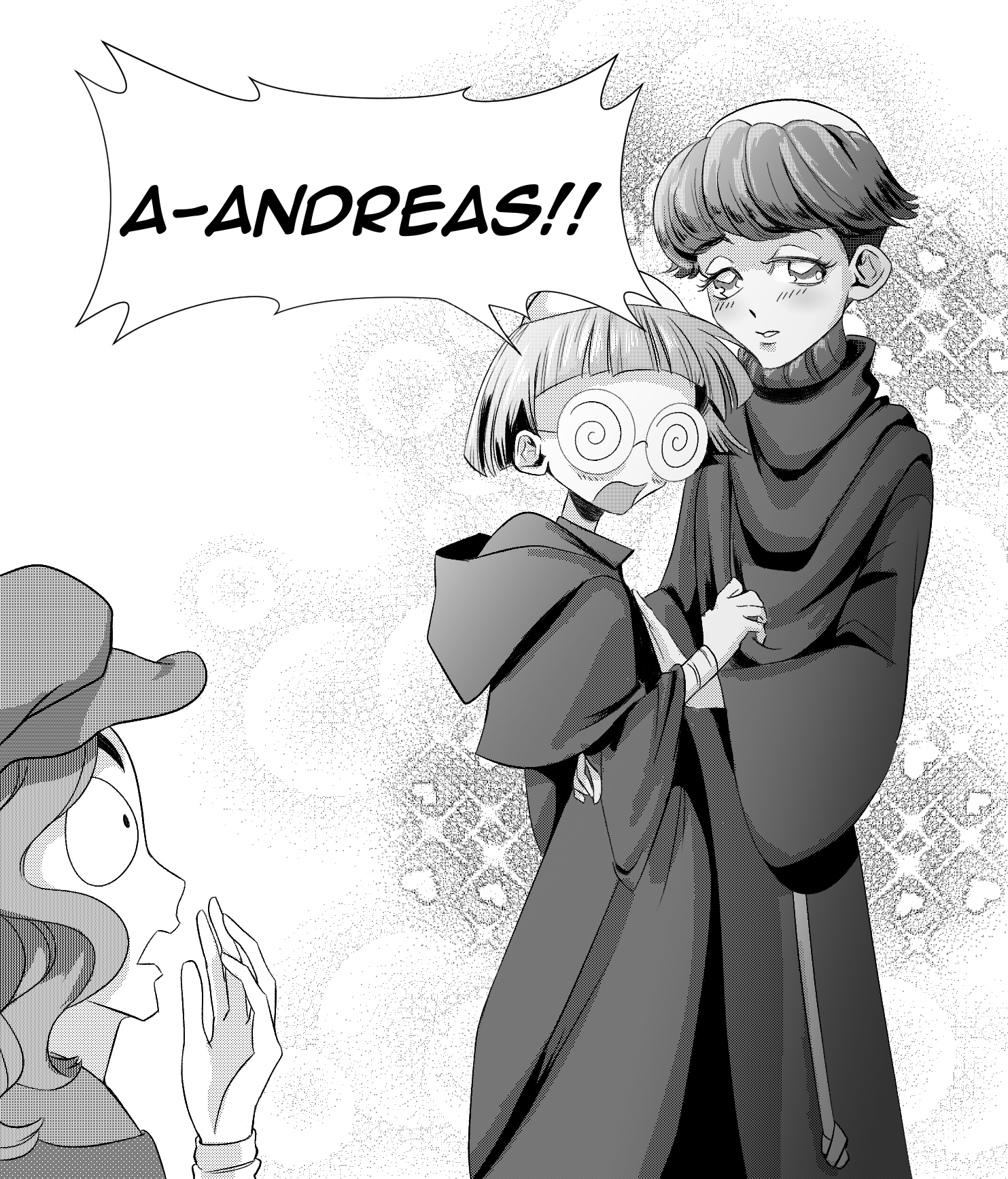 2000sanimeop, highres, 3boys, andreas maler, blush, brother mathieu of neuchatel, brother rudeger, greyscale, hood, hood down, monochrome, multiple boys, pentiment, short hair, sparkle, speech bubble, standing, tonsure, yaoi