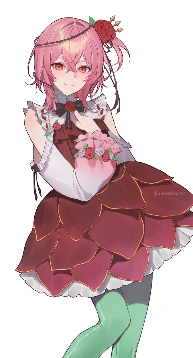 udonhorok, rosemi lovelock, rosemi lovelock (1st costume), nijisanji, nijisanji en, commentary, highres, 1girl, artist name, blush, clothing cutout, flower, green pantyhose, hair between eyes, hair flower, hair intakes, hair ornament, hair vines, hand on own chest, pantyhose, pink hair, red eyes, red flower, red rose, rose, shoulder blush, shoulder cutout, side ponytail, simple background, smile, solo, thorns, twitter username, virtual youtuber, white background