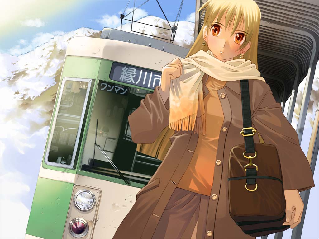 iuro, nejire, 1girl, bag, blonde hair, coat, day, dutch angle, earrings, female focus, jewelry, landscape, long hair, multiple unit train, orange eyes, outdoors, scarf, shoulder bag, solo, train