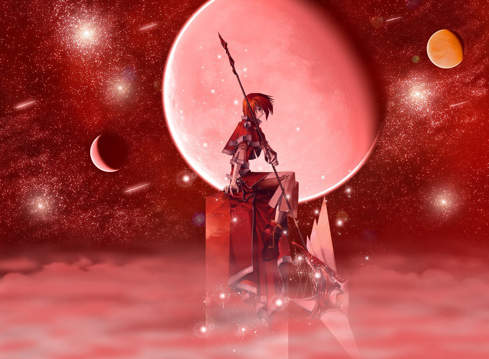 dragoon (final fantasy), final fantasy, highres, 1girl, crescent moon, dragoon, female focus, full moon, moon, planet, red hair, red moon, sitting, sky, solo, space, trite, weapon