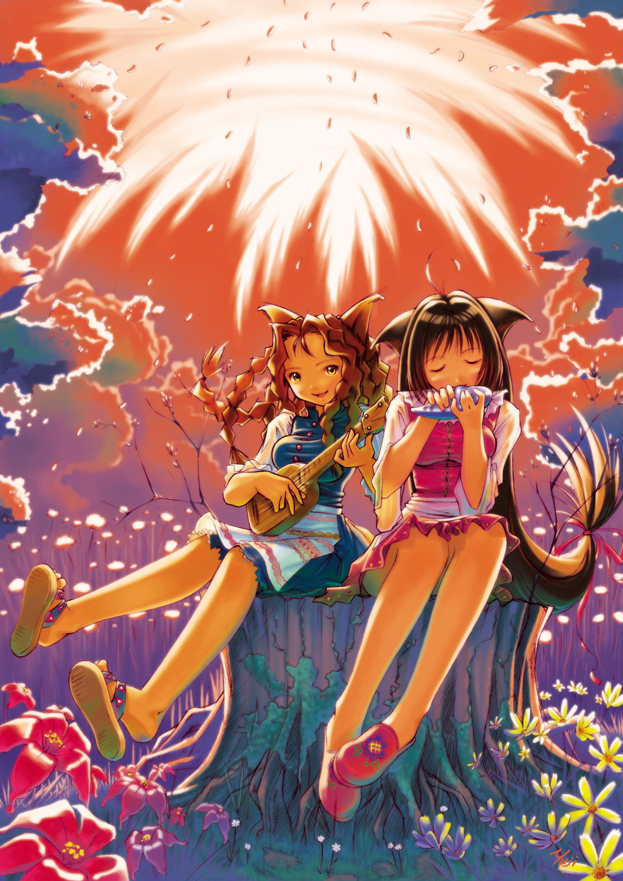 kobayashi yuji, original, highres, 2girls, animal ears, braid, cat ears, dress, flower, instrument, long hair, multiple girls, ocarina, outdoors, petals, sandals, tree, tree stump, ukulele, very long hair