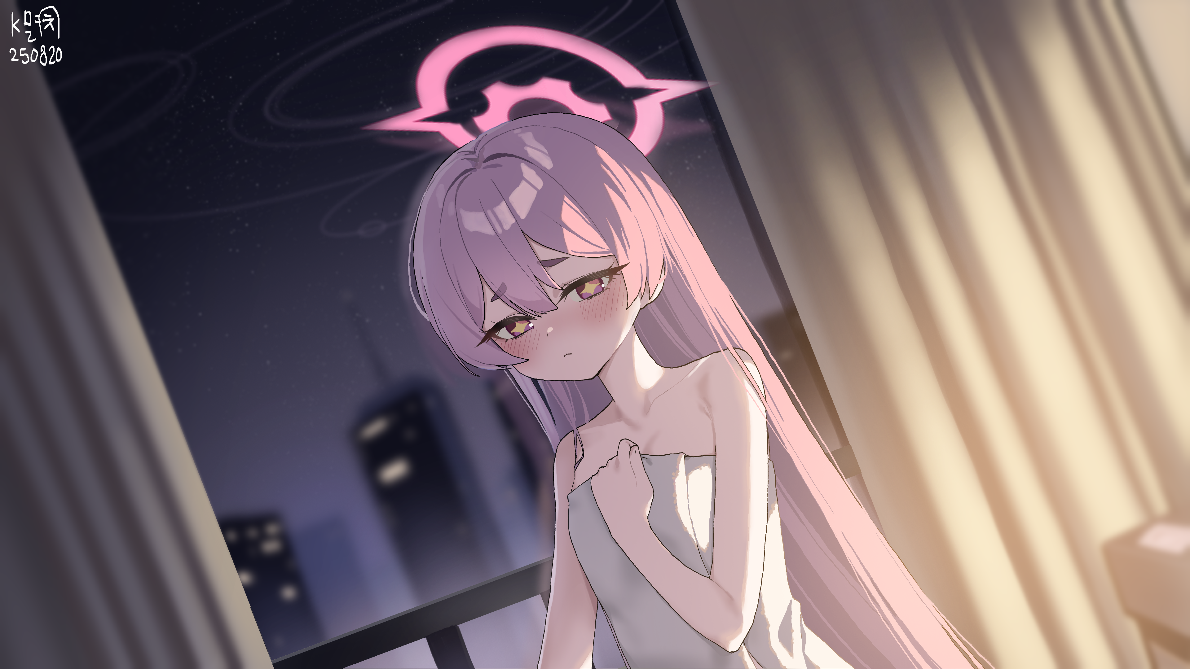 myeolchi, koyuki (blue archive), blue archive, absurdres, highres, + +, 1girl, blush, breasts, building, cityscape, hair between eyes, hair down, indoors, long hair, looking at viewer, night, night sky, pink eyes, pink hair, sky, skyscraper, small breasts, solo, very long hair, window