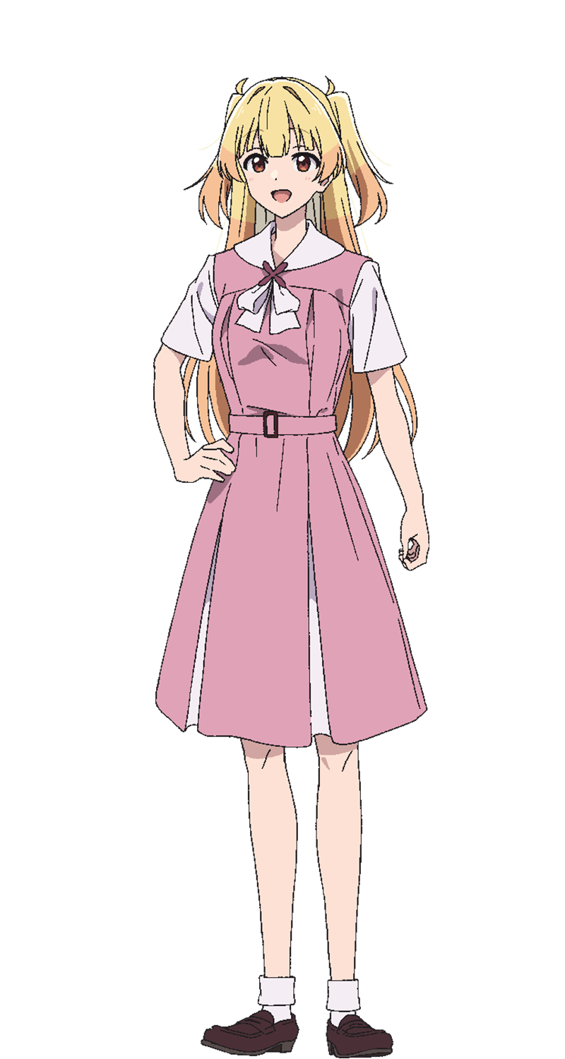 aineko, hana wa saku shura no gotoku, highres, official art, 1girl, anime coloring, blonde hair, breasts, brown eyes, brown shoes, dress, full body, hand on own hip, large breasts, loafers, long hair, looking at viewer, open mouth, pink dress, pink ribbon, pink sailor collar, pink sash, potanpoko pokoko, ribbon, sailor collar, sash, school uniform, shoes, short sleeves, simple background, smile, socks, solo, standing, tareme, transparent background, two side up, very long hair, white socks