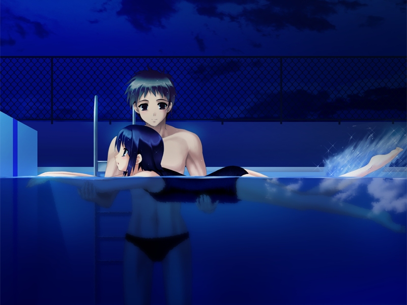 yasukouchi kae, sukumizu 2, artist request, character request, game cg, 1boy, 1girl, barefoot, black hair, black male swimwear, black swim briefs, blue hair, blue one-piece swimsuit, blue theme, carrying, chain-link fence, cloud, fence, kicking, male swimwear, night, night sky, one-piece swimsuit, outdoors, partially submerged, partially underwater shot, pool, pool ladder, school swimsuit, sky, standing, swim briefs, swimming, swimsuit, teaching, toned, toned male, topless male, underwater
