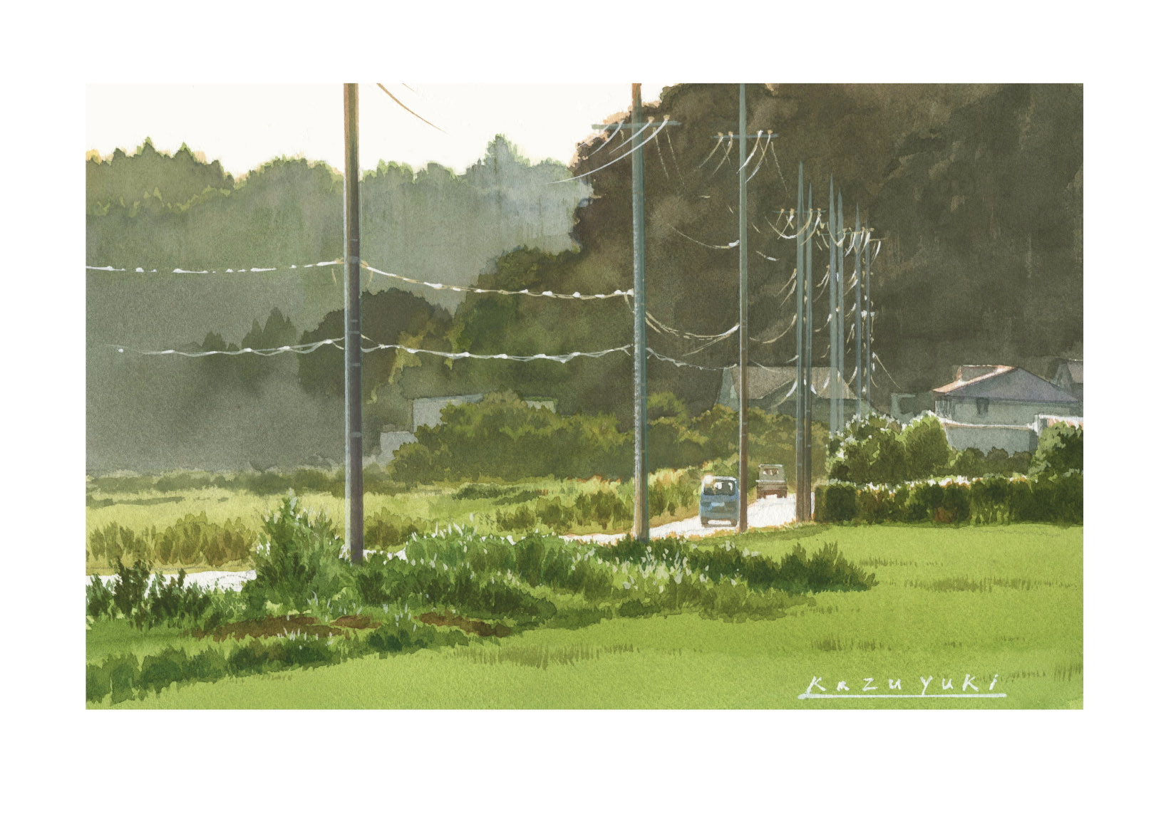 kazuyuki hashimoto, original, highres, painting (medium), traditional media, watercolor (medium), bush, day, foliage, house, landscape, outdoors, power lines, scenery, town, utility pole