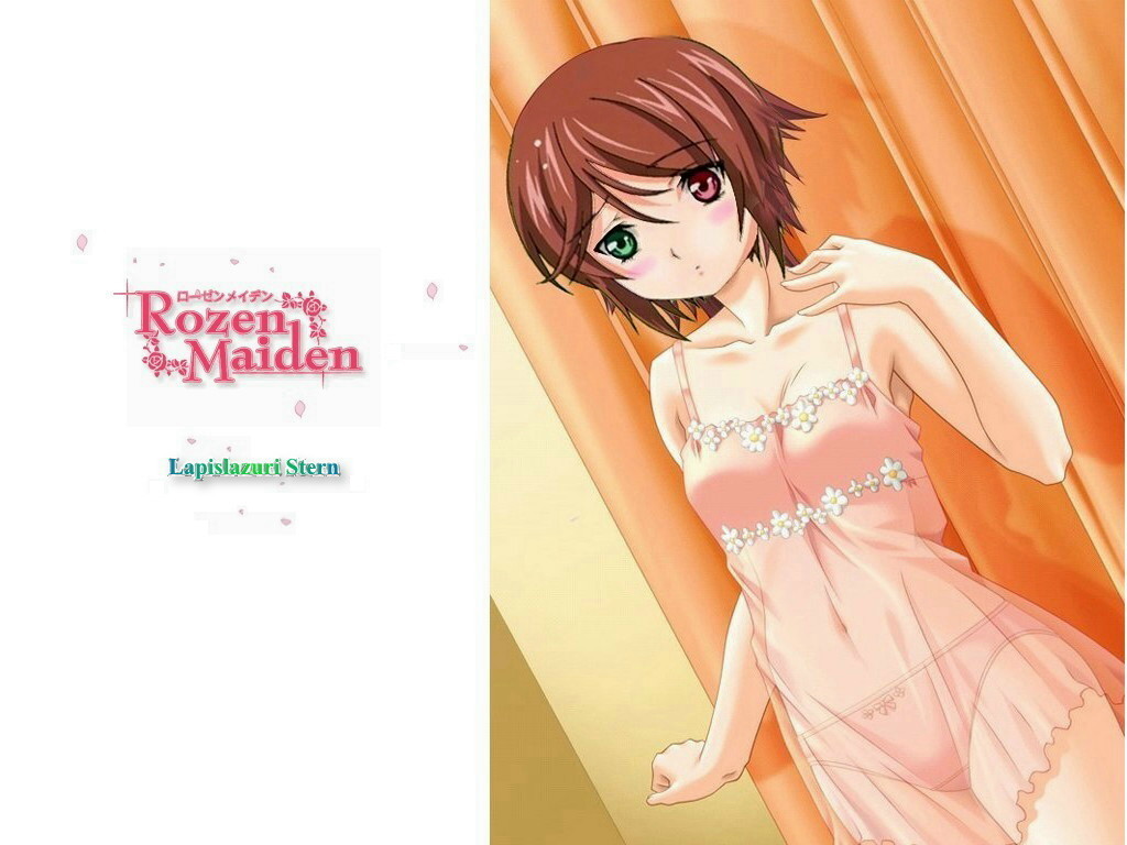 tajima nao, souseiseki, rozen maiden, x-change (series), yin-yang! x-change alternative, third-party edit, 00s, 1girl, blush, bow, bow panties, breasts, brown hair, chemise, curtains, female focus, flower, green eyes, heterochromia, lingerie, nightgown, panties, petals, pink panties, red eyes, rose, see-through clothes, shadow, short hair, small breasts, solo, standing, underwear