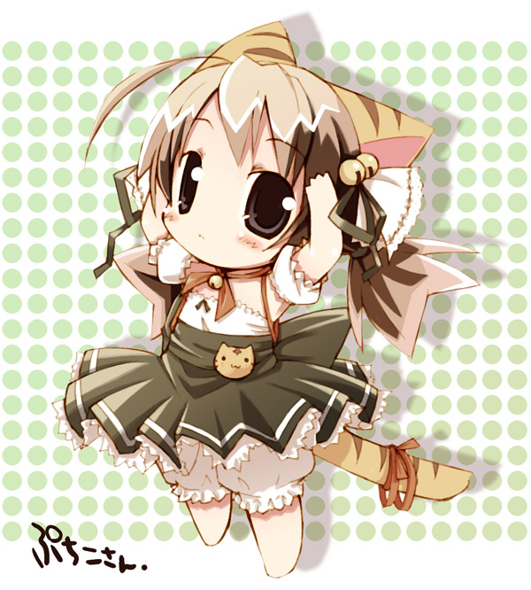puchiko, di gi charat, 1girl, ahoge, animal ears, armpits, arms up, barefoot, bell, black ribbon, bloomers, blush, brown eyes, brown hair, cat ears, cat tail, character name, chibi, chibi only, child, choker, detached sleeves, dress, flat chest, frilled dress, frills, full body, green skirt, hair bell, hair ornament, hair ribbon, high-waist skirt, jingle bell, long hair, looking at viewer, neck ribbon, orange ribbon, pleated skirt, polka dot, polka dot background, puffy short sleeves, puffy sleeves, red ribbon, ribbon, ribbon choker, short sleeves, simple background, skirt, solo, standing, tail, tail ornament, tail ribbon, tareme, twintails, underwear
