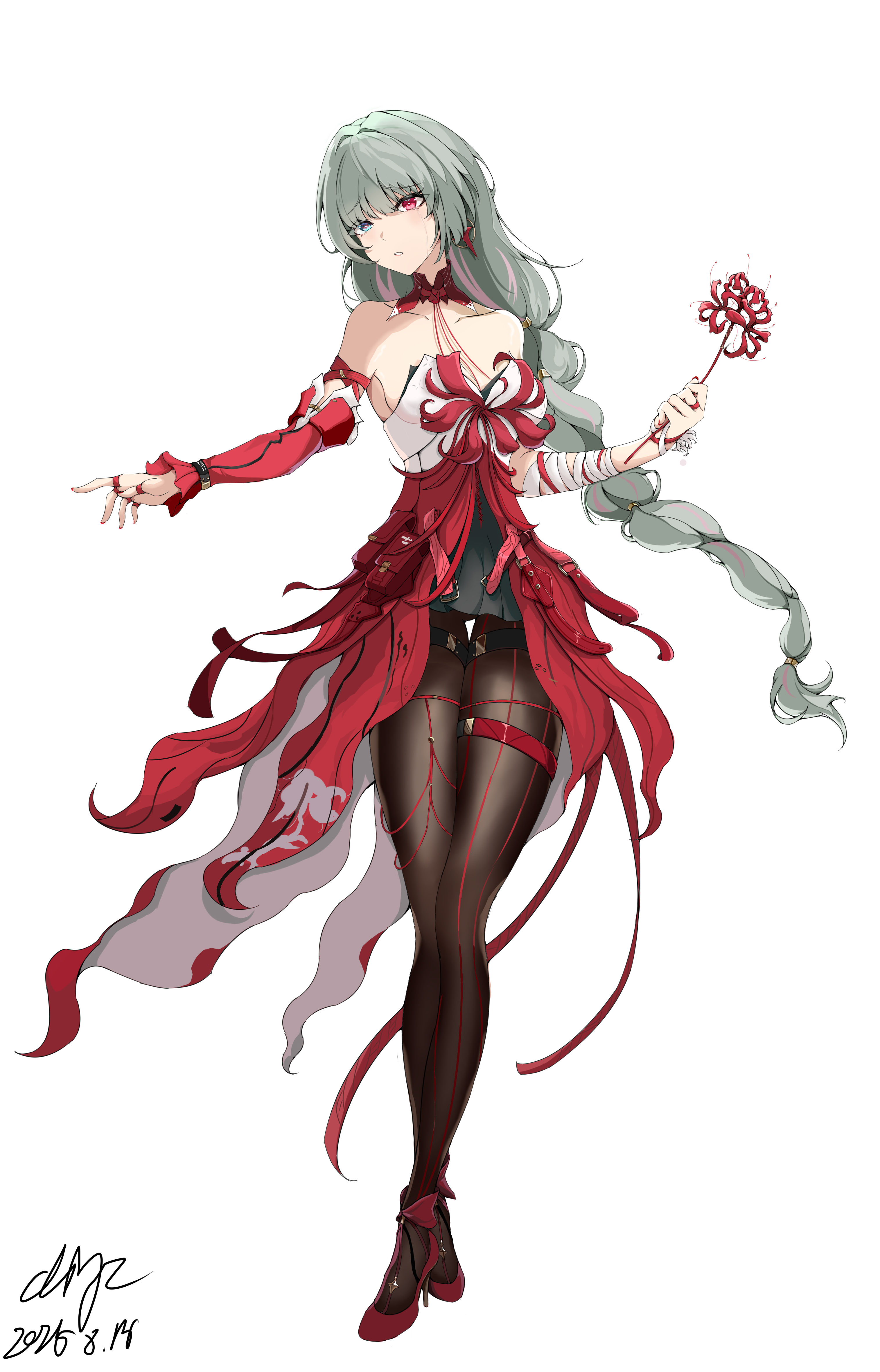 cliyz, phrolova (wuthering waves), wuthering waves, absurdres, commentary, highres, 1girl, bandaged arm, bandages, bare shoulders, black pantyhose, black skirt, breasts, collarbone, crying, crying with eyes open, dated, detached sleeves, dress, flower, full body, grey eyes, halter dress, halterneck, heterochromia, high heels, holding, holding flower, long hair, low-braided long hair, low-tied long hair, medium breasts, multicolored hair, pantyhose, parted lips, red dress, red eyes, red shoes, shoes, signature, single detached sleeve, skirt, solo, spider lily, streaked hair, tears