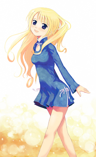 ishizaki yuki, original, 1girl, blonde hair, blush, breasts, dress, female focus, long hair, short dress, solo
