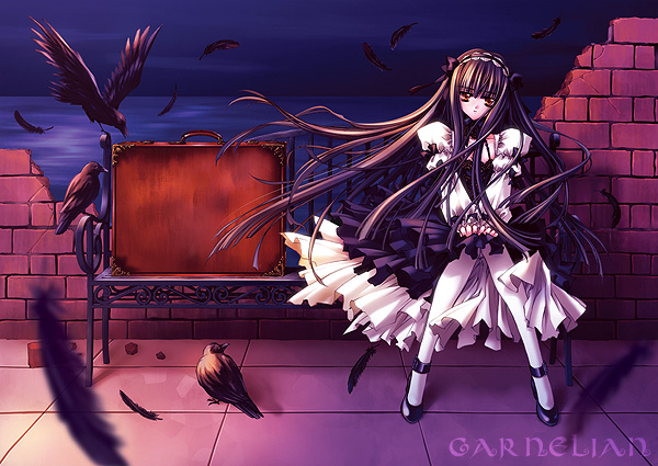 carnelian, original, 1girl, bird, black hair, brown eyes, crow, female focus, goth fashion, gothic lolita, lolita fashion, long hair, ocean, pantyhose, sitting, solo, suitcase, water, white pantyhose
