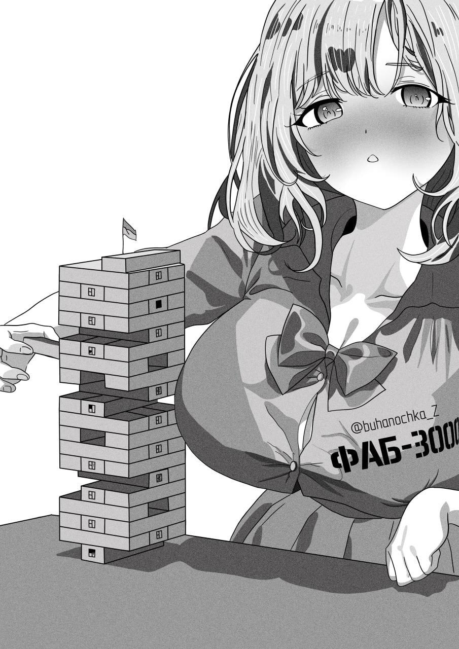 buhanochka z, original, highres, 1girl, aerial bomb, artist name, blouse, blush, bow, bowtie, breasts, bursting breasts, button gap, cleavage, clothes writing, flag, jenga, large breasts, medium hair, monochrome, open mouth, personification, pleated skirt, raised eyebrows, ruins, russian air force, russo-ukrainian war, shirt, skirt, table, telegram id, ukraine, ukrainian flag