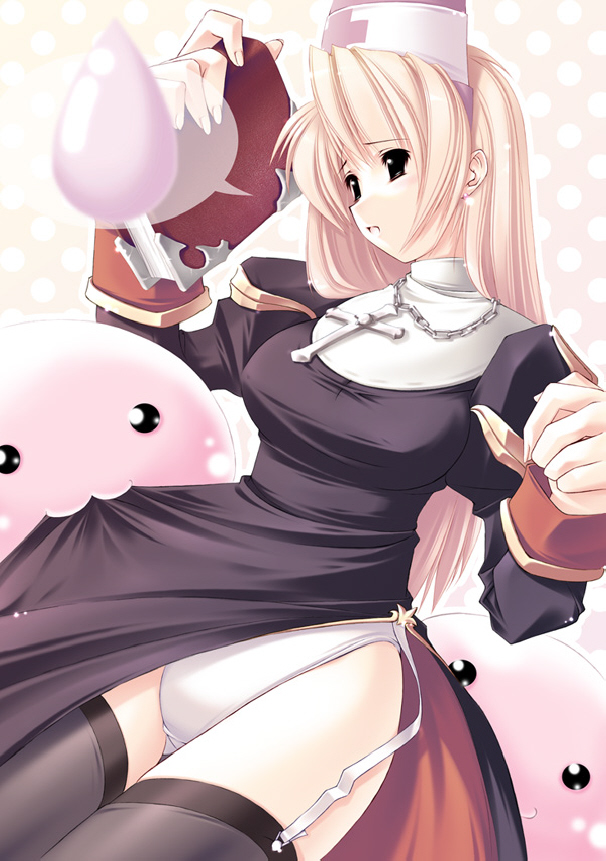 jian, poring, priest (ragnarok online), ragnarok online, duplicate, :3, black thighhighs, book, cleric, clothes lift, cross, garter belt, latin cross, panties, priest, skirt, skirt lift, thighhighs, underwear, white panties
