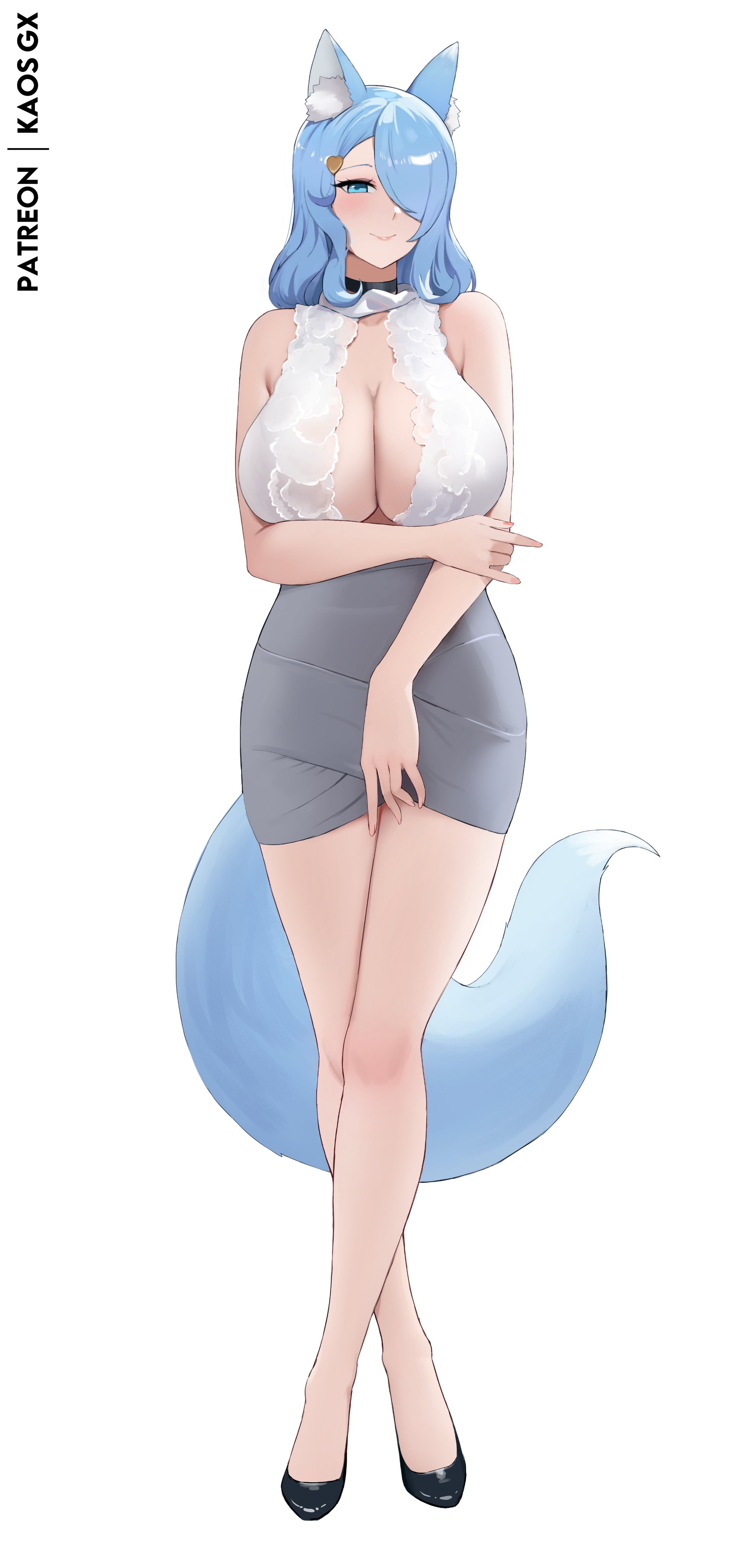 kaos art, original, absurdres, highres, 1girl, animal ears, blue eyes, blue hair, breasts, choker, crossed legs, hinari (kaos art), huge breasts, looking at viewer, miniskirt, patreon username, simple background, skirt, tail
