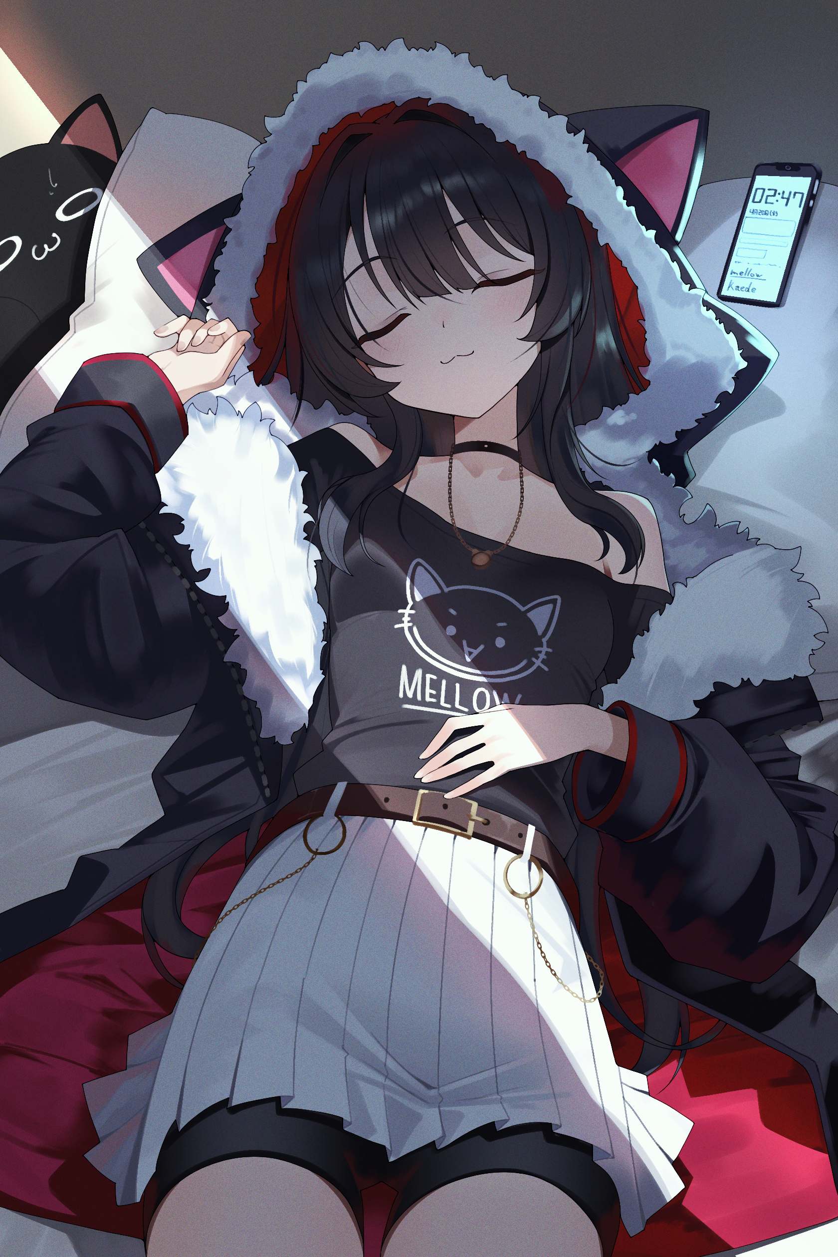 mellow kaede, original, absurdres, highres, 1girl, animal ears, belt, bike shorts, black choker, black hair, black jacket, black shirt, breasts, brown belt, choker, closed eyes, fur-trimmed jacket, fur trim, hood, hood up, hooded jacket, jacket, long hair, long sleeves, open clothes, open jacket, pleated skirt, shirt, skirt, sleeping, small breasts, smile, white skirt
