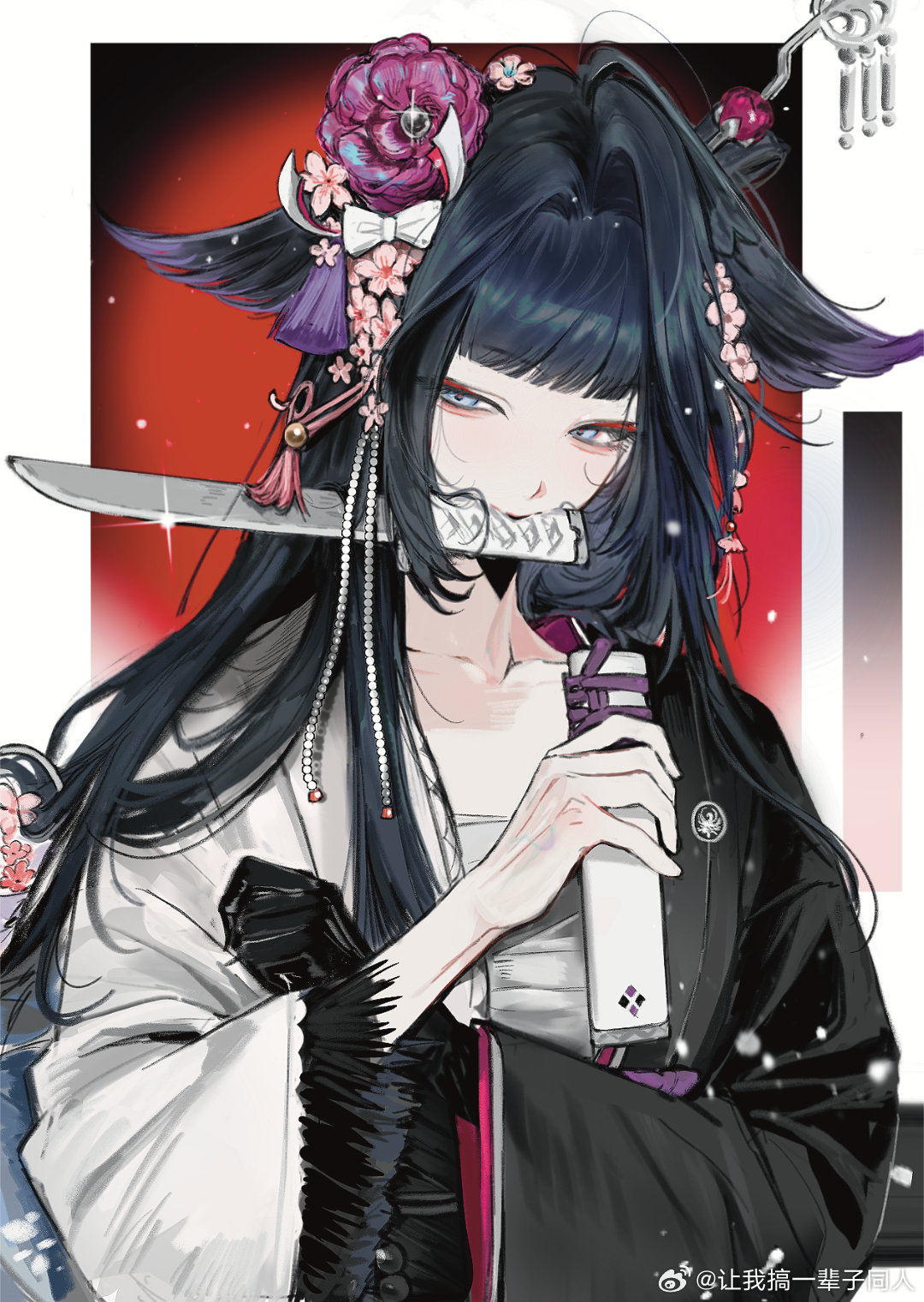 siy (shengxiu760722), mio (arknights), arknights, highres, 1girl, animal ears, black hair, blue eyes, blunt bangs, collarbone, flower, hair flower, hair intakes, hair ornament, hair stick, holding, knife, knife in mouth, long hair, long sleeves, looking at viewer, mouth hold, sarashi, solo, sword, upper body, watermark, weapon, weibo username, weibo watermark, wide sleeves
