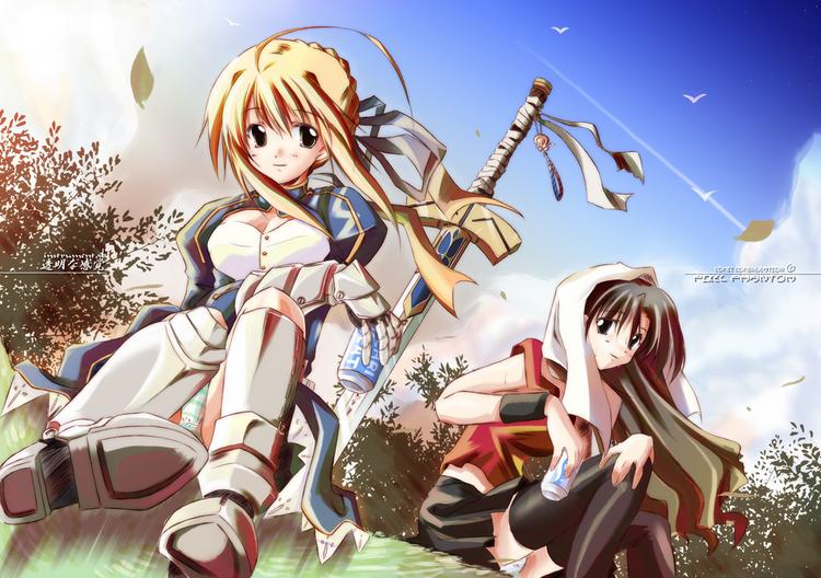artoria pendragon (fate), saber (fate), tohsaka rin, fate/stay night, fate (series), jpeg artifacts, 00s, 2girls, ahoge, black hair, black thighhighs, blonde hair, can, green panties, long hair, multiple girls, panties, pantyshot, sitting, skirt, striped clothes, striped panties, sword, thighhighs, underwear, upskirt, weapon, white panties