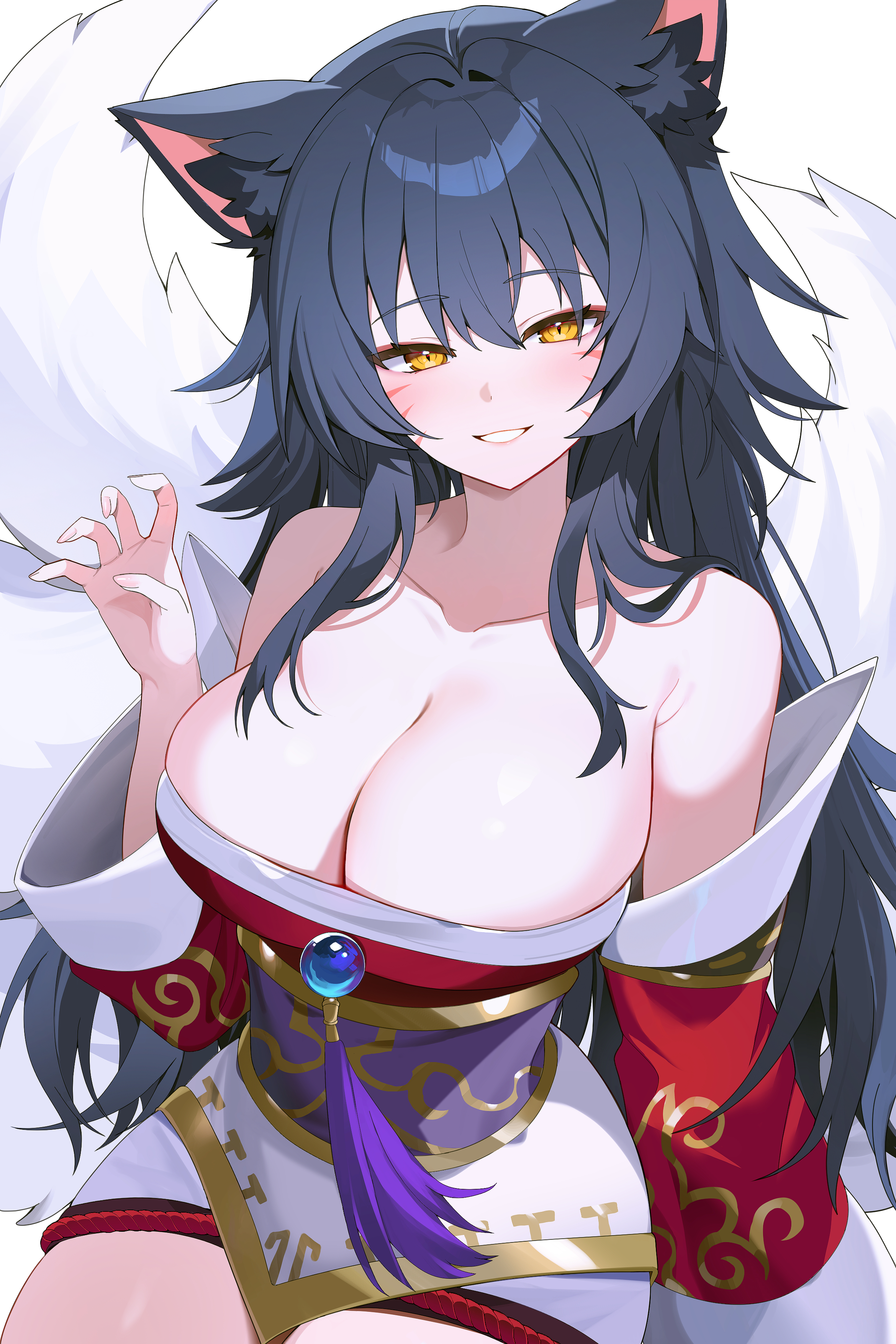 pelicana, ahri (league of legends), league of legends, absurdres, highres, 1girl, animal ear fluff, animal ears, bare shoulders, black hair, breasts, claw pose, cleavage, collarbone, detached sleeves, dress, facial hair, facial mark, fingernails, fox ears, fox girl, fox tail, grin, kitsune, korean clothes, kyuubi, large breasts, long fingernails, long hair, looking at viewer, multiple tails, simple background, smile, solo, tail, thighs, whisker markings, white background, yellow eyes