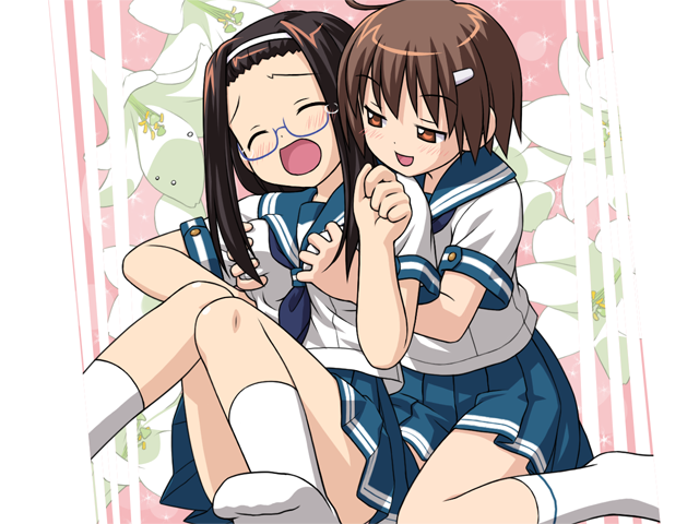 kinoshita jun, shidou aoi (uminomichi), uminomichi, 2girls, breasts, glasses, grabbing another's breast, groping, multiple girls, school uniform, serafuku, socks, yuri
