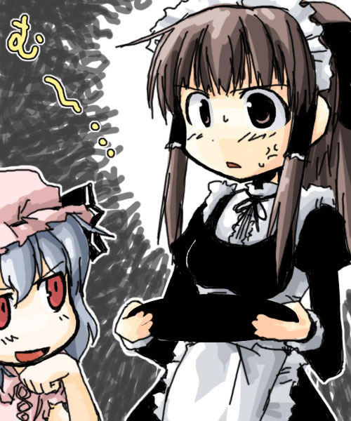sasane, hakurei reimu, remilia scarlet, touhou, 2girls, alternate costume, cosplay, enmaided, female focus, hair tubes, hat, maid, mob cap, multiple girls