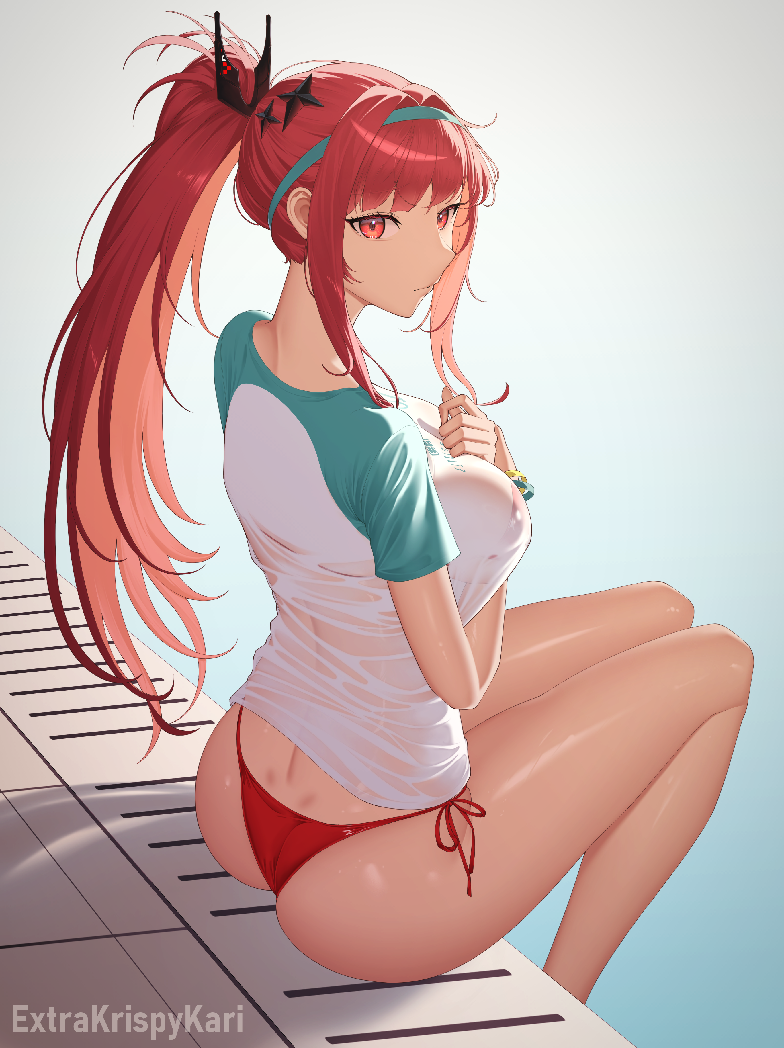extrakrispykari, rapi (nikke), rapi (red hood) (nikke), rapi (red hood) (red flavor) (nikke), goddess of victory: nikke, absurdres, highres, 1girl, ass, bracelet, breasts, from behind, hair ornament, hairband, high ponytail, jewelry, large breasts, long hair, looking at viewer, looking back, official alternate costume, ponytail, raglan sleeves, red eyes, red hair, shirt, sitting, solo, thighs, very long hair, wet, wet clothes, wet shirt, white background, white shirt