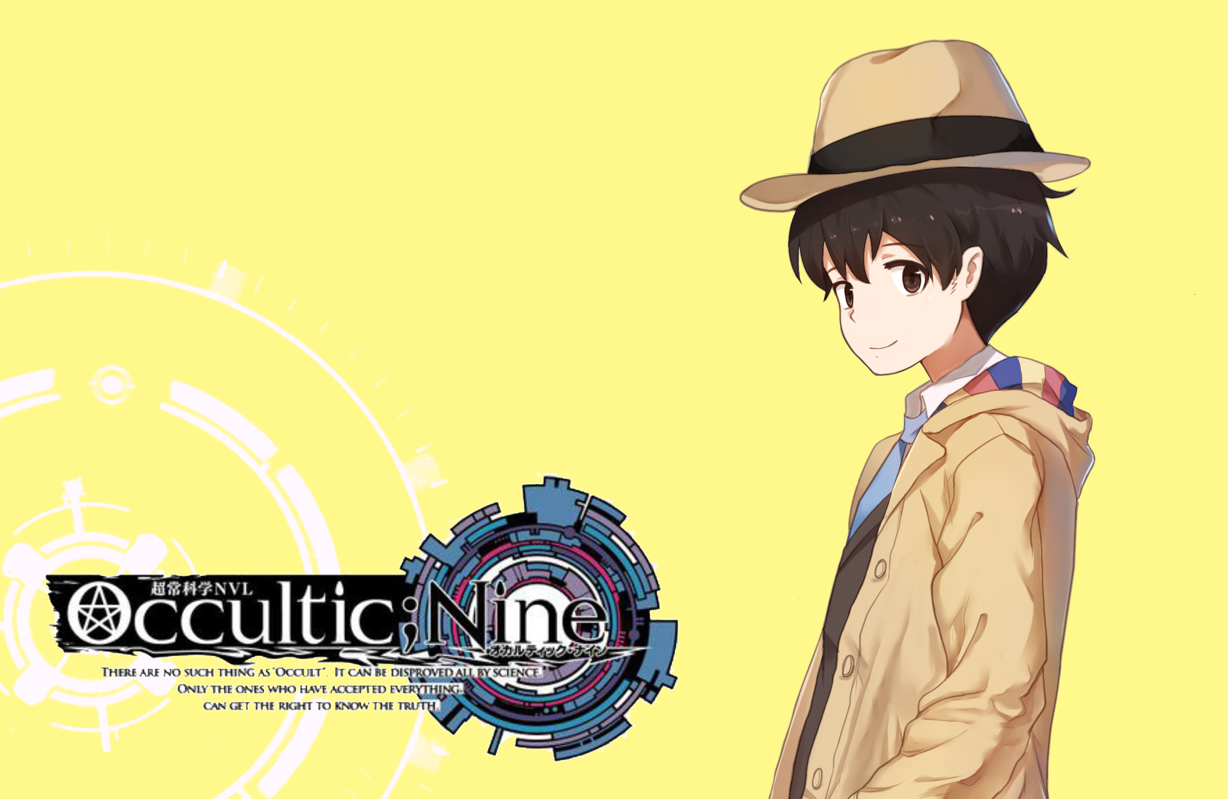 moritsuka shun, occultic;nine, science adventure, highres, 1boy, airinsky, black hair, blue necktie, brown eyes, brown hair, brown jacket, coat, cuffs, dress shirt, fedora, from side, hand in pocket, handcuffs, hat, jacket, long sleeves, looking at viewer, necktie, open clothes, open coat, shirt, short hair, smile, solo, suit jacket, white shirt