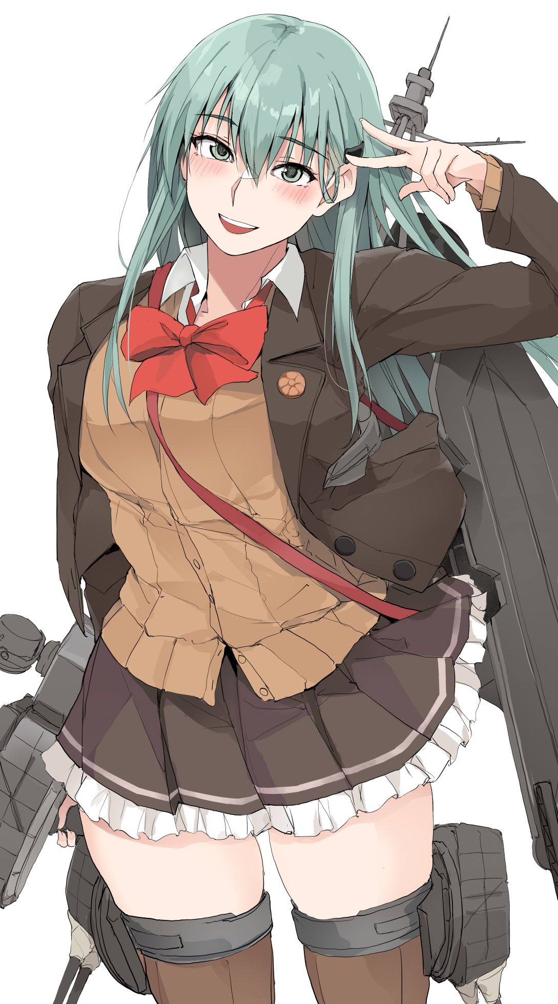 zekkyon, suzuya (kancolle), kantai collection, highres, 1girl, :d, black jacket, black skirt, blue hair, bow, bowtie, brown sweater, collared shirt, frilled skirt, frills, hair between eyes, jacket, long hair, long sleeves, looking at viewer, open clothes, open jacket, open mouth, red bow, red bowtie, rigging, shirt, simple background, skirt, smile, solo, sweater, v, white background, white shirt