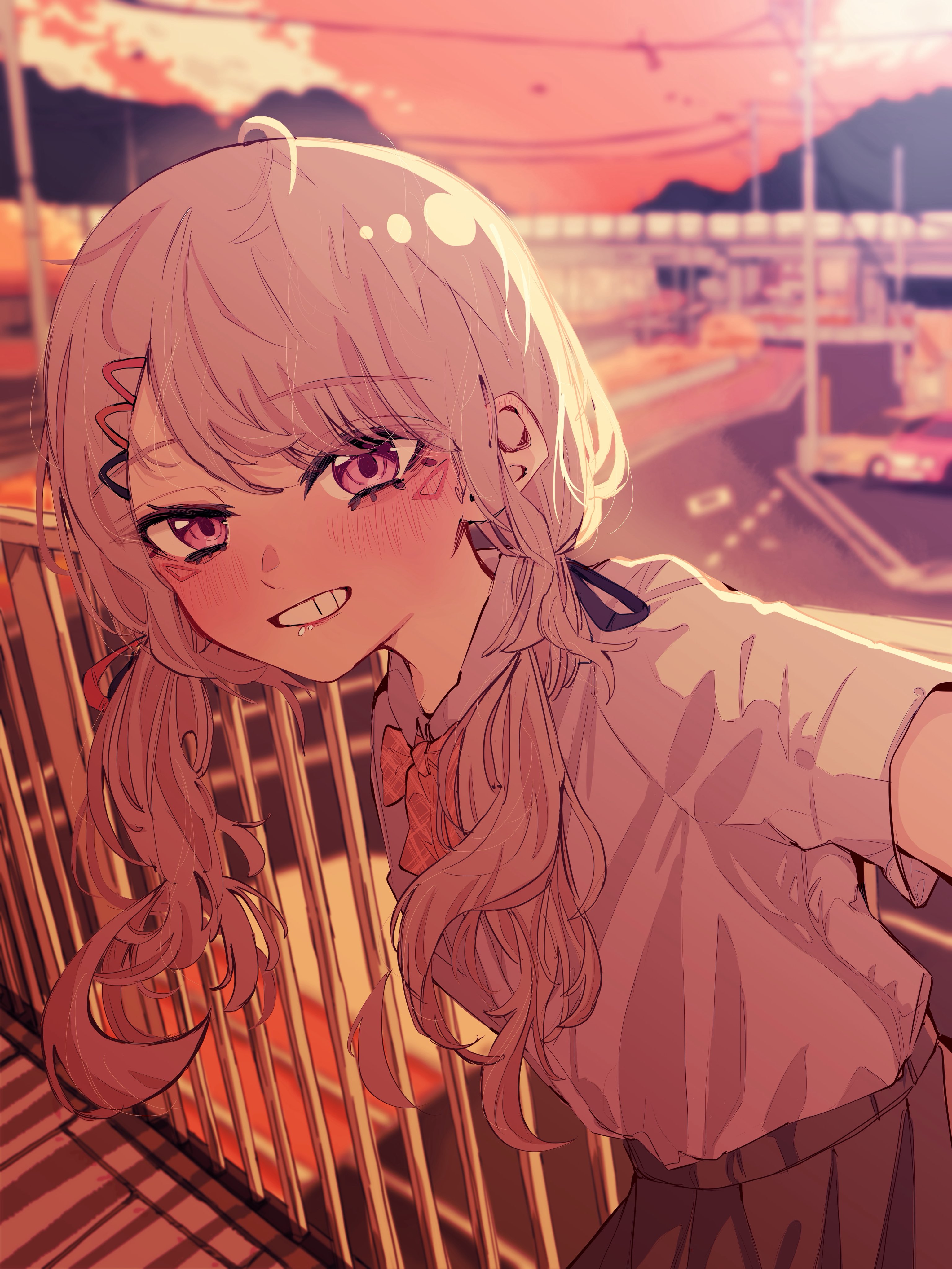 payang, komori met, vspo!, absurdres, commentary request, highres, 1girl, blonde hair, blush, bow, bowtie, evening, facial mark, grey shirt, grin, hair ornament, hairclip, looking at viewer, orange bow, orange bowtie, outdoors, purple eyes, shirt, short sleeves, skirt, smile, solo, virtual youtuber