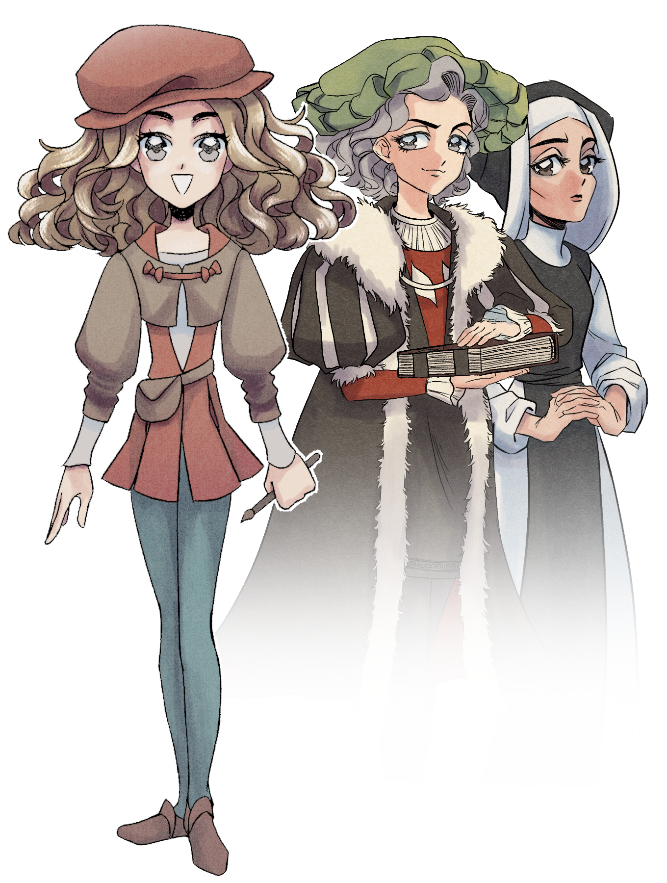 2000sanimeop, highres, 1boy, 2girls, andreas maler, book, brown eyes, brown hair, grey eyes, holding, holding book, holding paintbrush, long hair, multiple girls, nun, own hands together, paintbrush, puffy sleeves, standing, triangle mouth, wavy hair