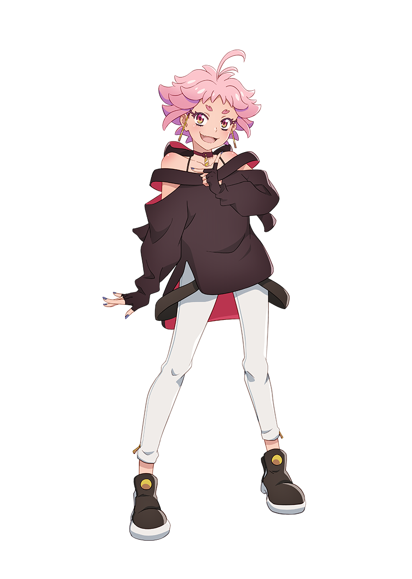 live (mayonaka punch), mayonaka punch, official art, 1girl, :d, ahoge, anime coloring, arima ryouta, black shirt, black shoes, blush, breasts, brown pants, choker, collarbone, fingerless gloves, flipped hair, full body, gloves, grey nails, hand up, looking at viewer, medium hair, off-shoulder shirt, off shoulder, open hand, open mouth, pants, pink eyes, pink hair, red choker, shirt, shoes, shoulder blush, simple background, smile, solo, standing, thick eyebrows, transparent background, v, vampire, white pants