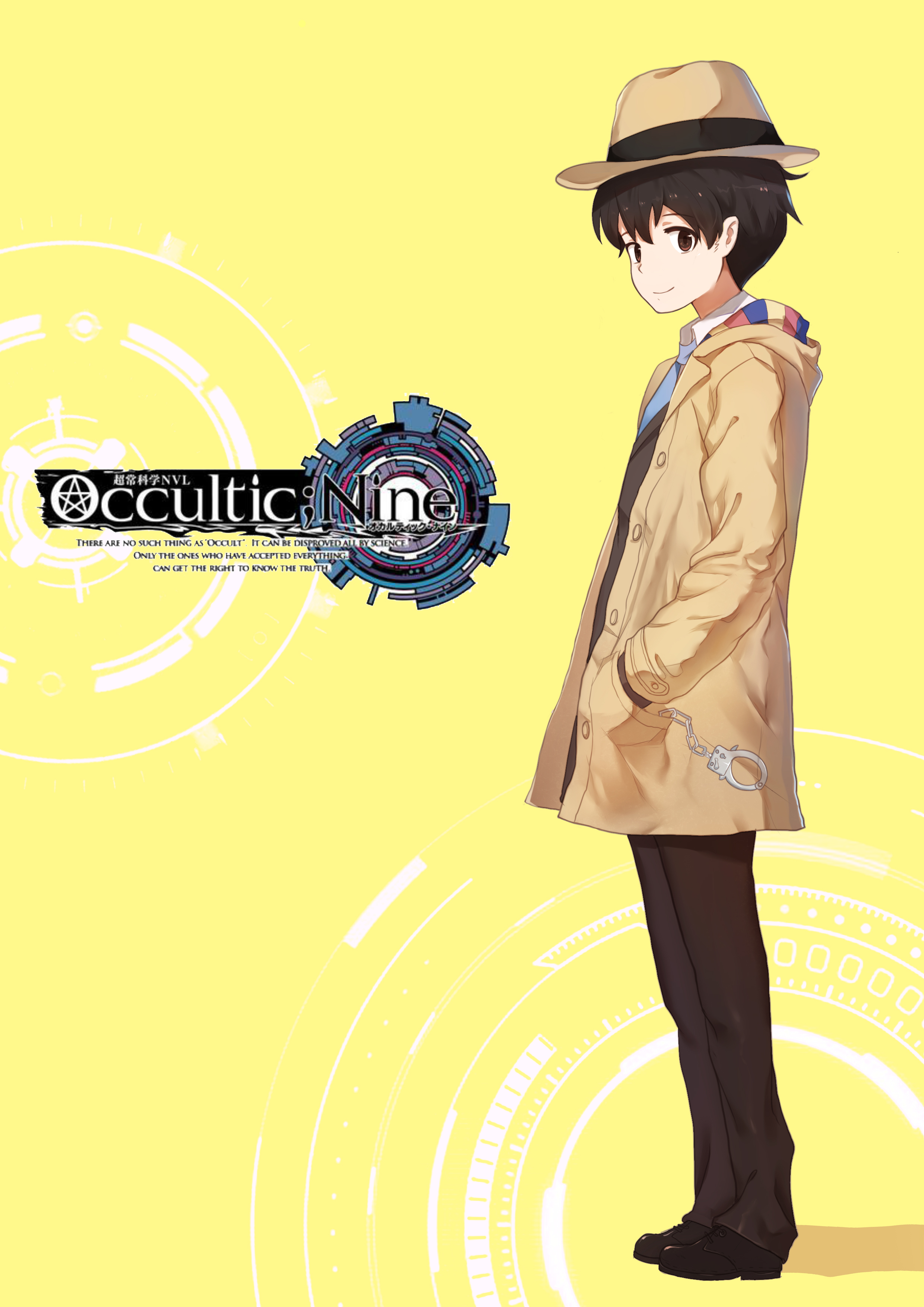 moritsuka shun, occultic;nine, science adventure, absurdres, highres, 1boy, airinsky, black hair, blue necktie, brown eyes, brown hair, brown jacket, brown pants, coat, cuffs, dress shirt, fedora, from side, hand in pocket, handcuffs, hat, jacket, long sleeves, looking at viewer, necktie, open clothes, open coat, pants, shirt, short hair, smile, solo, suit jacket, white shirt