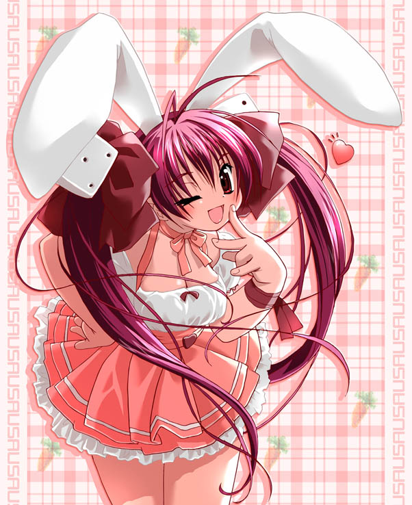 usada hikaru, di gi charat, animal ears, one eye closed, pink hair, rabbit ears, red eyes, solo, wink