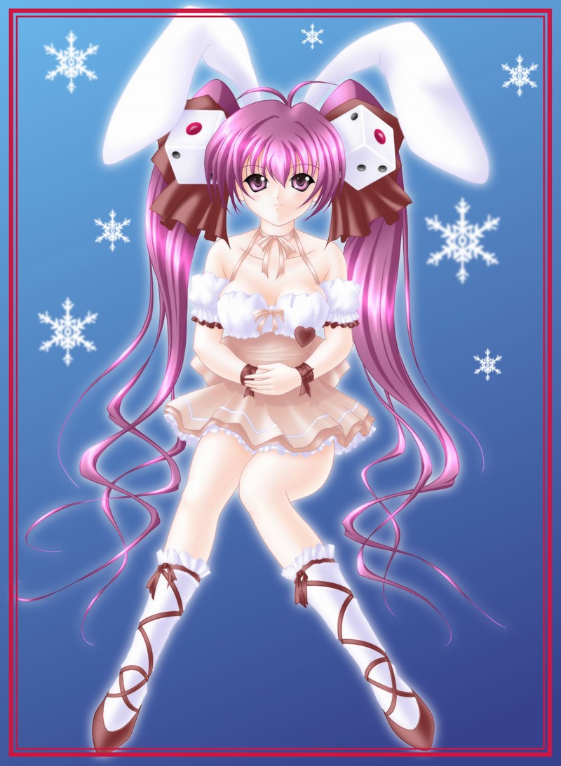 satau (psg), usada hikaru, di gi charat, 1girl, animal ears, bare shoulders, dice, long hair, pink hair, purple eyes, rabbit ears, ribbon, snowflakes, solo, twintails