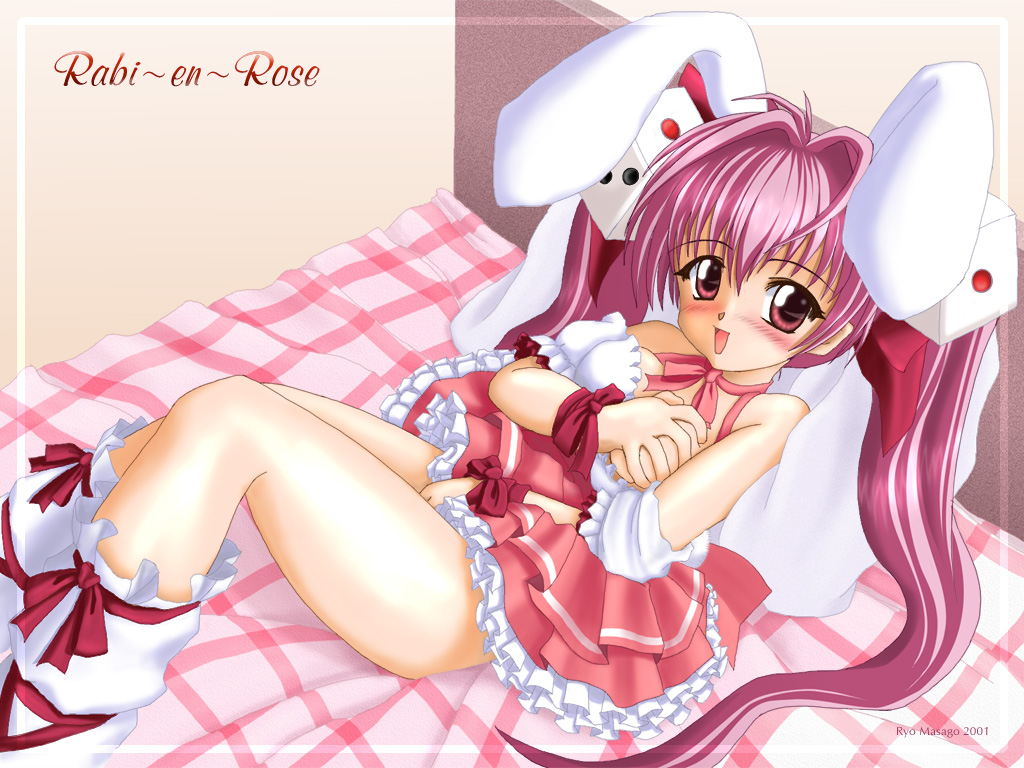 usada hikaru, broccoli (company), di gi charat, 1girl, animal ears, blush, breast slip, breasts, choker, female focus, grabbing another's breast, grabbing own breast, groping, hair ornament, large breasts, long hair, looking at viewer, one breast out, pink hair, rabbit ears, red eyes, ribbon choker, smile, solo, twintails