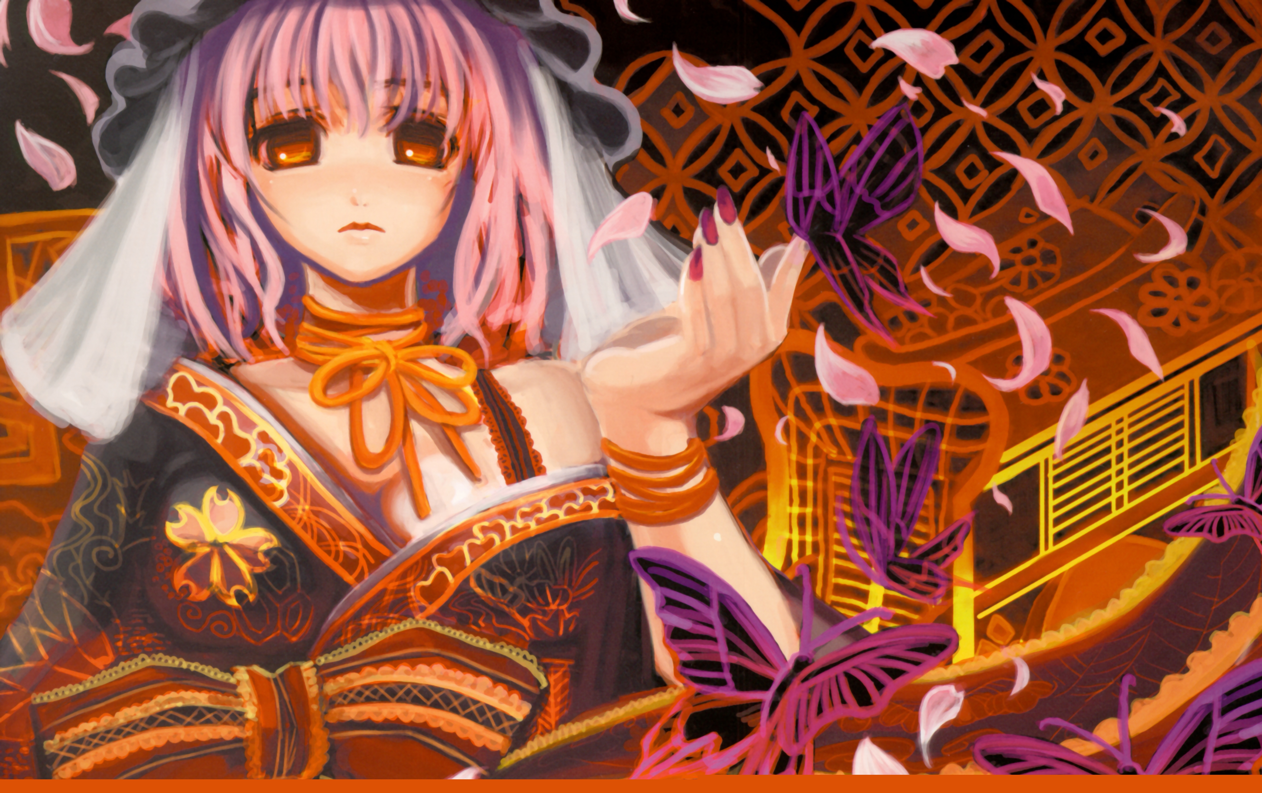 misaki kurehito, saigyouji yuyuko, team shanghai alice, touhou, absurdres, highres, 1girl, breasts, bug, butterfly, cleavage, female focus, petals, solo