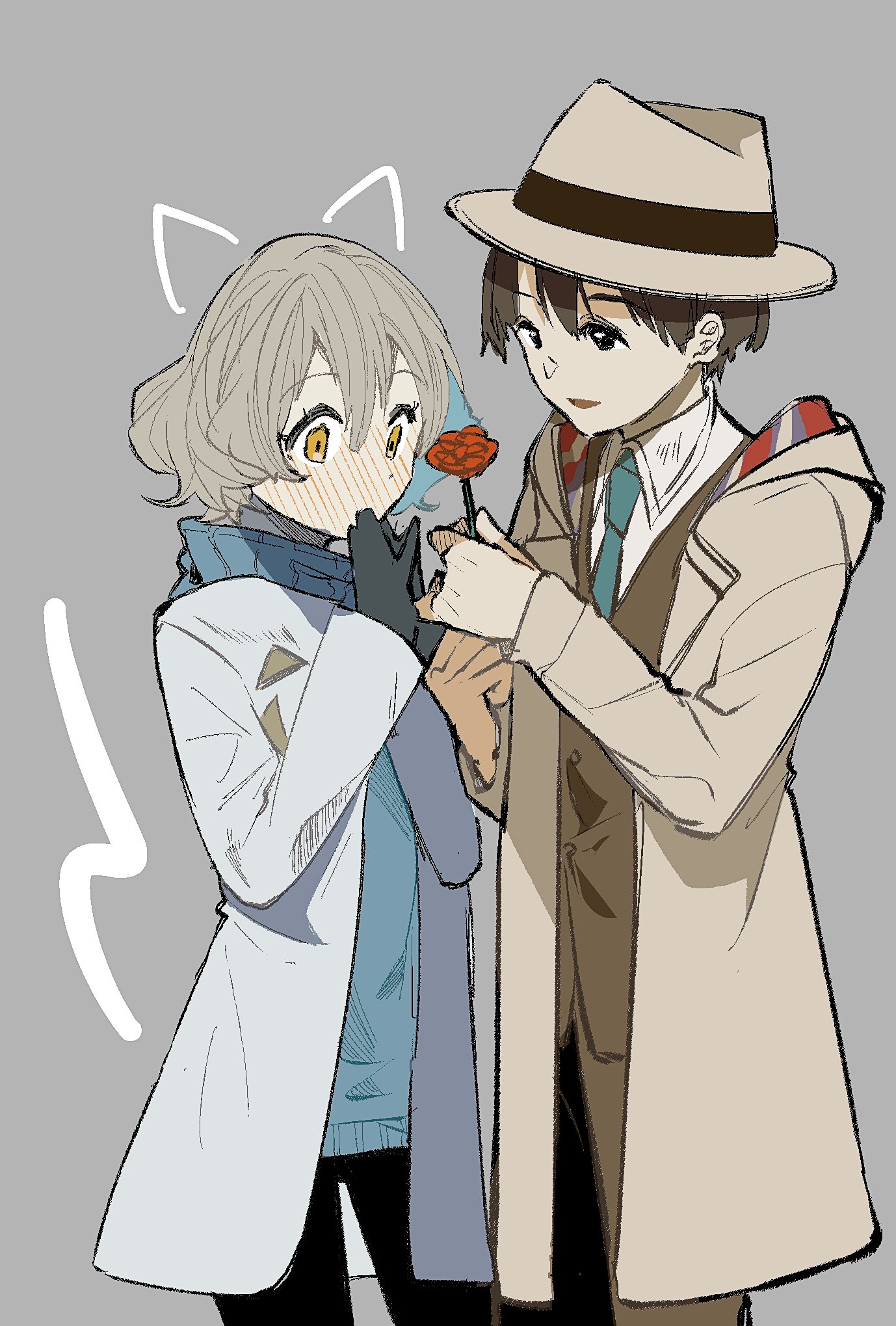moritsuka shun, occultic;nine, science adventure, fluffy hair, highres, 1boy, 408 zzz, black gloves, black hair, black pantyhose, blonde hair, blue sweater, brown jacket, coat, dress shirt, fedora, gloves, hat, jacket, kisaki asuna, long sleeves, open clothes, open coat, open mouth, own hands together, pantyhose, shirt, short hair, smile, suit jacket, sweater, tongue, white coat, white shirt, yellow eyes