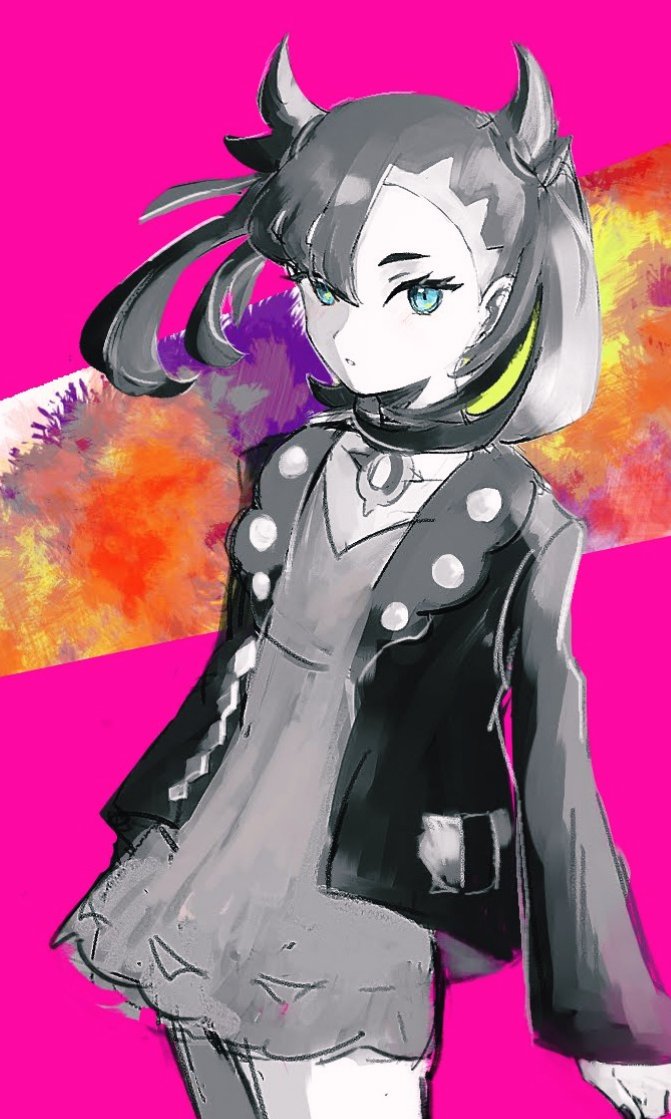 nishino (tjjx5454), marnie (pokemon), nintendo, pokemon, pokemon swsh, 1girl, asymmetrical bangs, black choker, black hair, black jacket, choker, closed mouth, cowboy shot, dress, green eyes, hair ribbon, jacket, looking at viewer, pink dress, purple background, red ribbon, ribbon, simple background, solo, twintails, undercut
