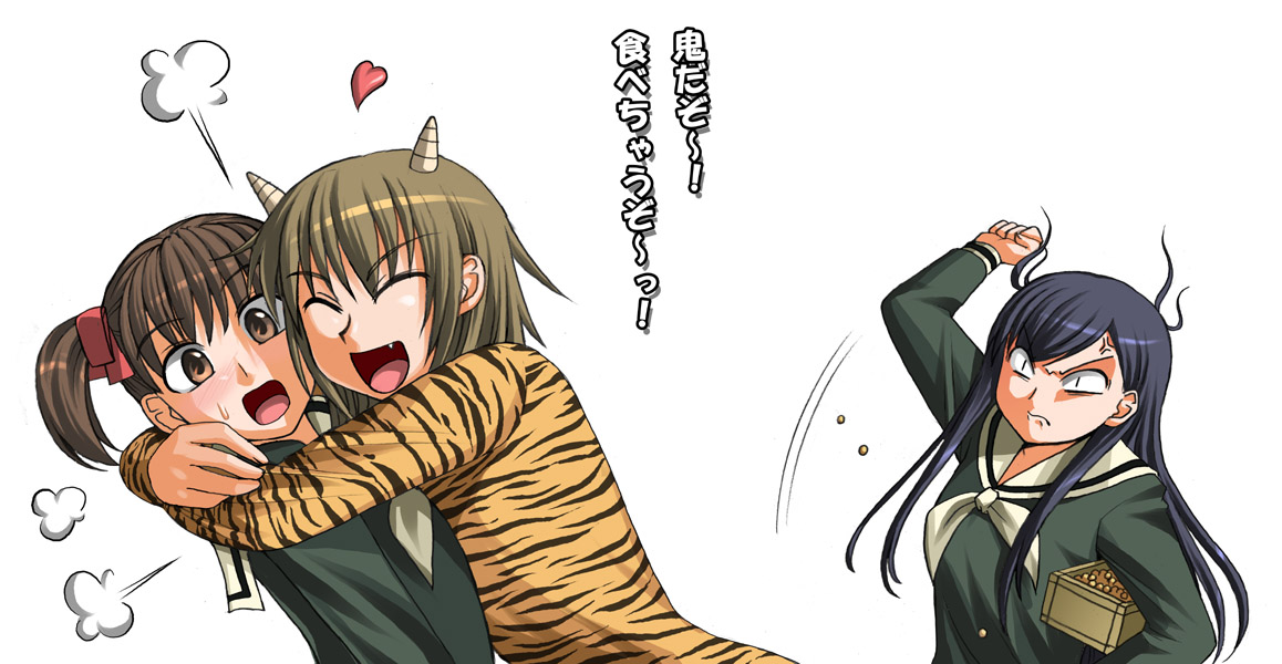 katwu (gensou ninja yashiki), fukuzawa yumi, ogasawara sachiko, satou sei, maria-sama ga miteru, translated, 3girls, animal print, beans, blonde hair, bodysuit, cosplay, horns, mamemaki, multiple girls, oni, setsubun, tiger print, yuri