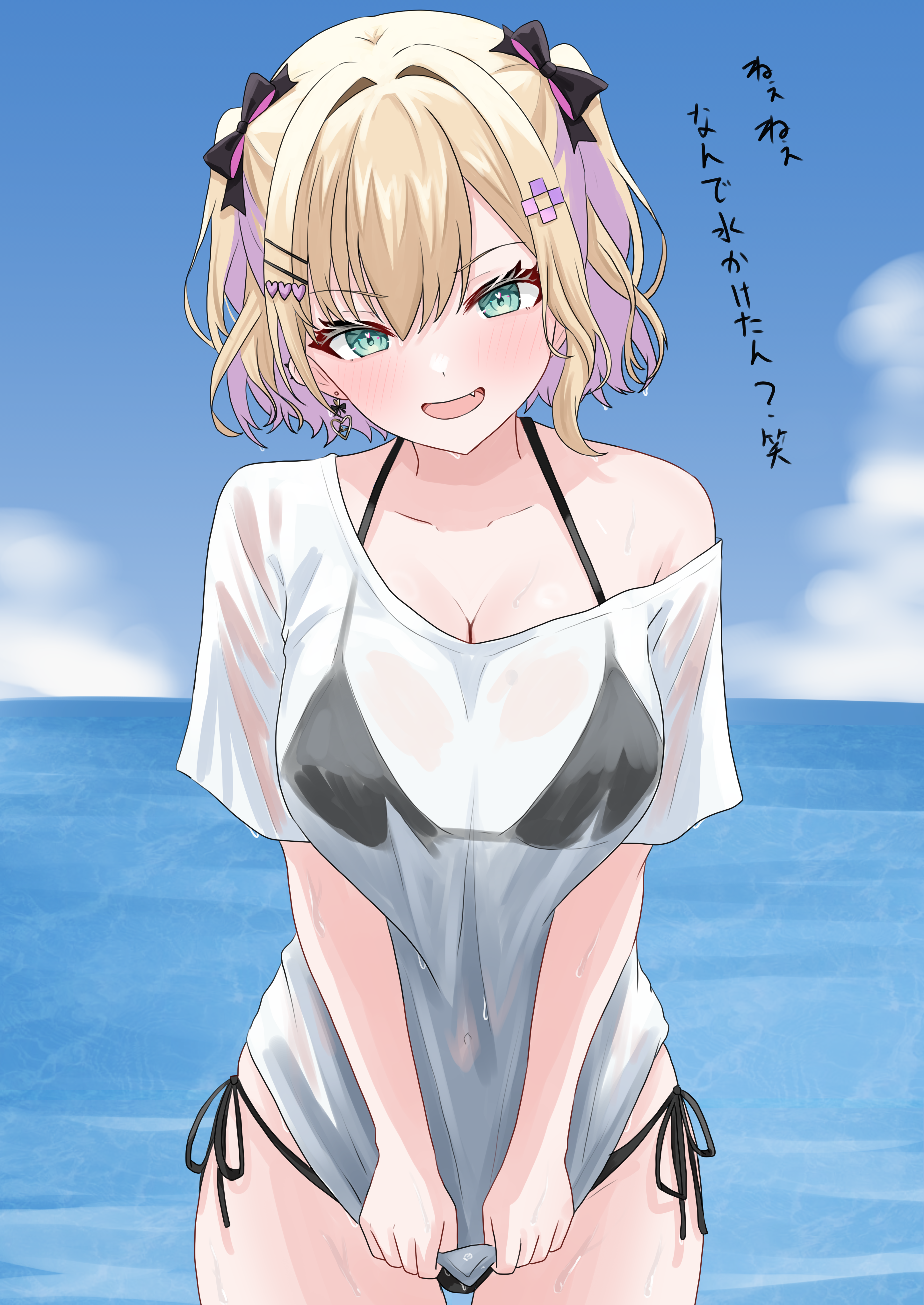akue, kurumi noah, vspo!, absurdres, commentary request, highres, 1girl, aqua eyes, bare shoulders, bikini, black bikini, black bow, blonde hair, blue sky, blush, bow, breasts, cleavage, earrings, hair bow, hair ornament, hairclip, jewelry, large breasts, looking at viewer, multicolored hair, ocean, open mouth, outdoors, pink hair, see-through clothes, see-through shirt, shirt, short hair, side-tie bikini bottom, sky, smile, solo, swimsuit, two-tone hair, virtual youtuber, wet, wet clothes, white shirt
