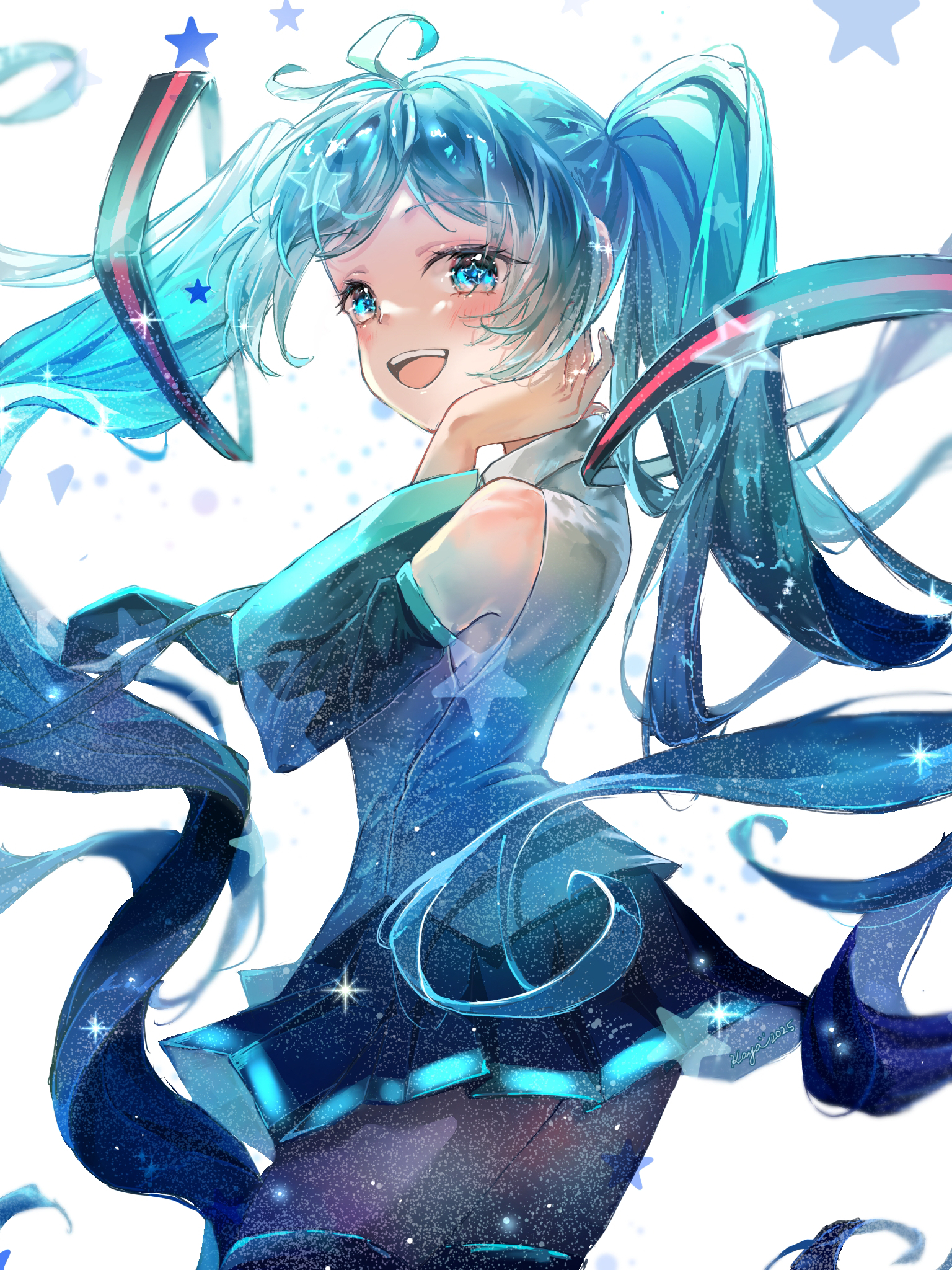 kayan n, hatsune miku, vocaloid, commentary request, highres, ahoge, aqua eyes, aqua hair, aqua trim, black skirt, bluestar (warrior cats), blush, collared shirt, detached sleeves, hair ornament, long hair, long sleeves, looking at viewer, miniskirt, open mouth, pleated skirt, shirt, skirt, sleeveless, sleeveless shirt, smile, twintails, very long hair, white background, white shirt