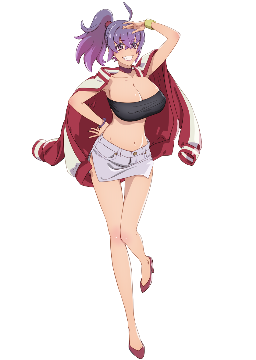 tokage (mayonaka punch), mayonaka punch, official art, 1girl, ahoge, anime coloring, arima ryouta, arm up, armlet, armpits, bare shoulders, black tube top, breasts, choker, cleavage, collarbone, covered erect nipples, crossed bangs, full body, hair between eyes, hand on own hip, high heels, high ponytail, huge breasts, jacket, jewelry, lipstick, long hair, looking at viewer, makeup, mole, mole under mouth, narrow waist, navel, open mouth, ponytail, purple choker, purple eyes, purple hair, purple nails, red jacket, short shorts, shorts, side slit, simple background, smile, solo, standing, standing on one leg, strapless, tareme, teeth, thighs, transparent background, tube top, wristband