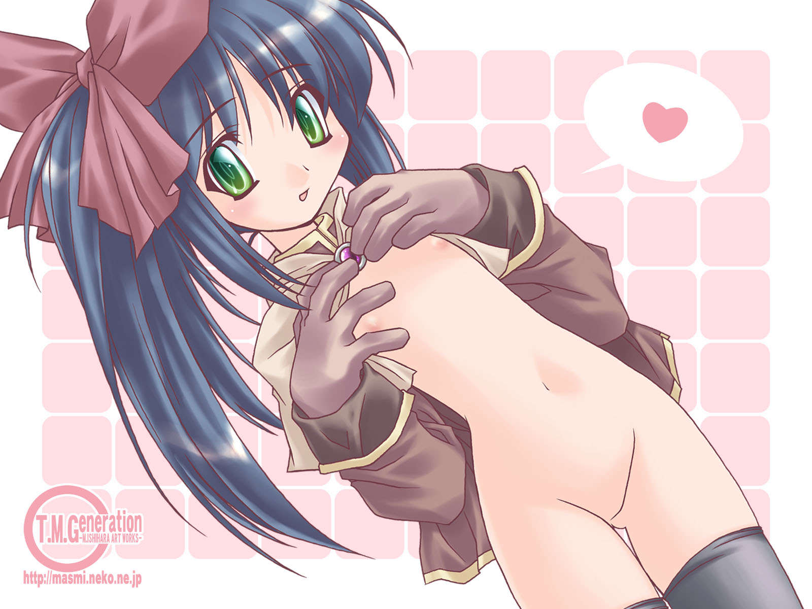 ishihara masumi, acolyte (ragnarok online), ragnarok online, highres, 1girl, blue hair, coat, female focus, gloves, green eyes, heart, loli, long hair, masumi ishihara, no panties, no pussy, ponytail, side ponytail, solo, spoken heart, thighhighs
