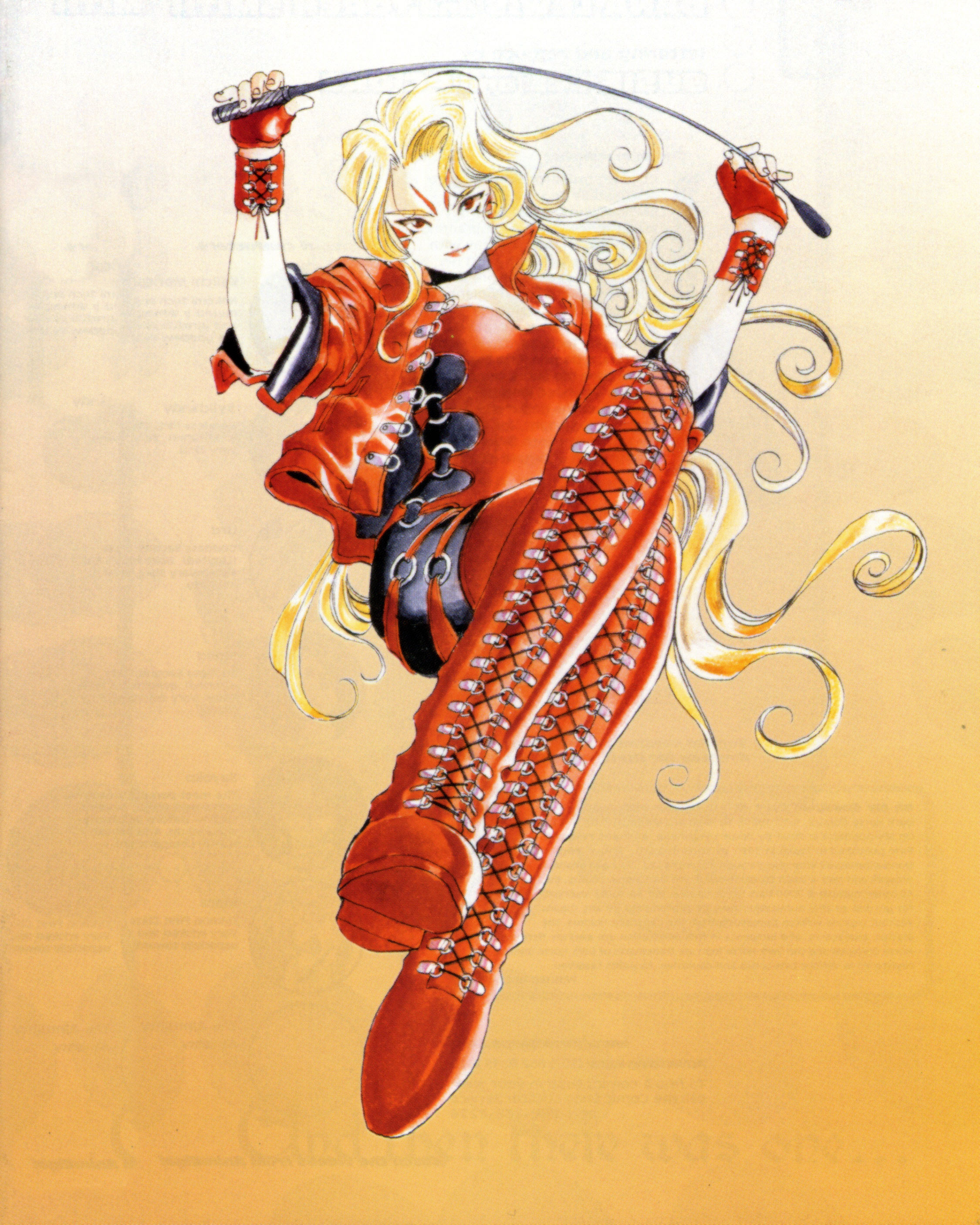 marller, aa megami-sama, absurdres, highres, official art, 1990s (style), 1girl, blonde hair, boots, breasts, demon girl, gloves, medium breasts, red eyes, red lips, retro artstyle, solo