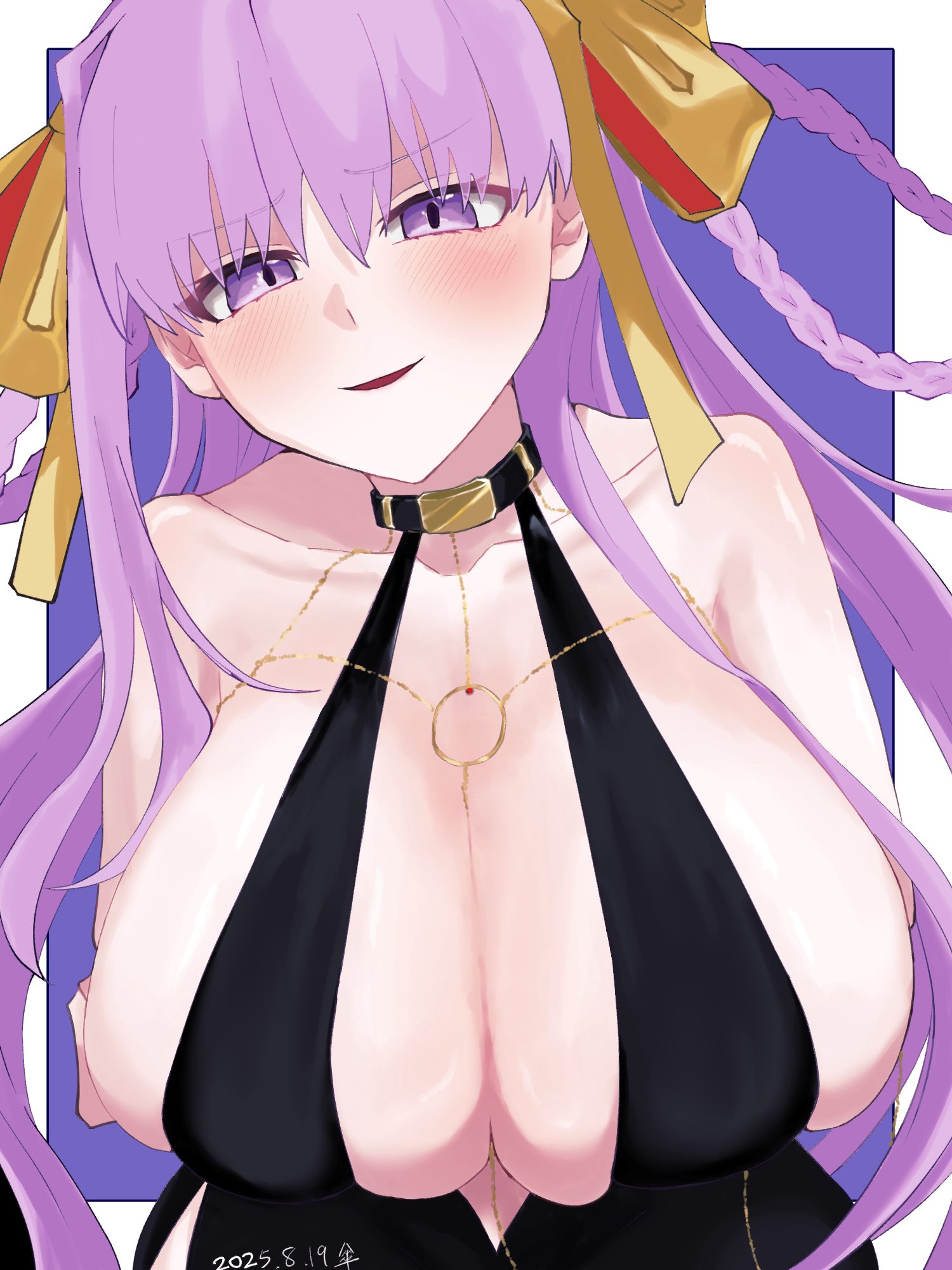 bb (fate), bb dubai (fate), fate/grand order, fate (series), highres, 1girl, bare shoulders, black dress, blush, braid, braided hair rings, breasts, center opening, cleavage, collarbone, dress, furrowed brow, gold necklace, hair ribbon, hair rings, huge breasts, jewelry, long hair, looking at viewer, necklace, purple eyes, purple hair, reo slud, ribbon, side slit, sideboob, smile, solo, twin braids, very long hair, yellow ribbon