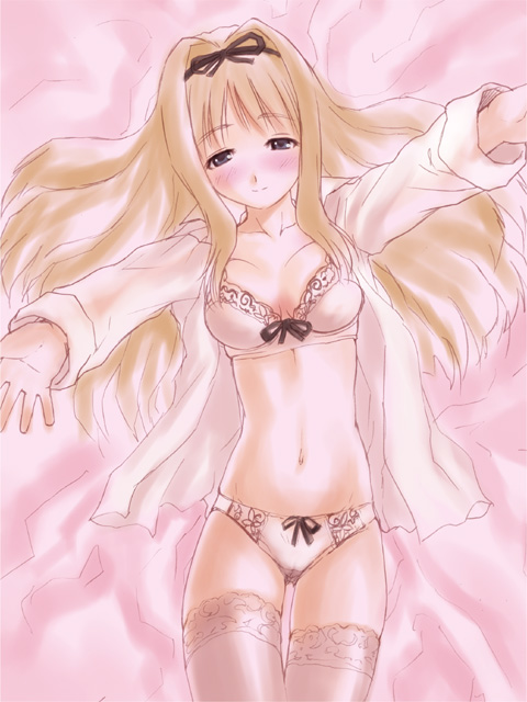 kusugawa sasara, to heart (series), to heart 2, 00s, bed, blonde hair, blush, bow, bow bra, bow panties, bra, dress shirt, lingerie, lying, on back, open clothes, open shirt, panties, pink bra, pink panties, shirt, solo, thigh gap, thighhighs, thighs, underwear