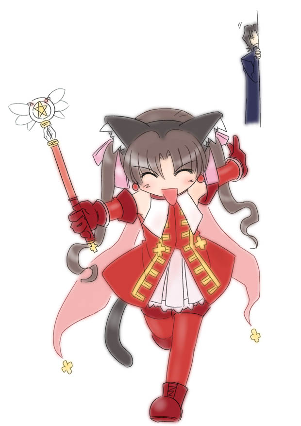 kaleido ruby, kaleidostick, kotomine kirei, tohsaka rin, toosaka rin, fate/hollow ataraxia, fate/stay night, fate (series), 1boy, 1girl, animal ears, brown hair, cat ears, cat tail, closed eyes, elbow gloves, gloves, hair ribbon, parody, peeking out, red gloves, ribbon, tail, thighhighs, twintails