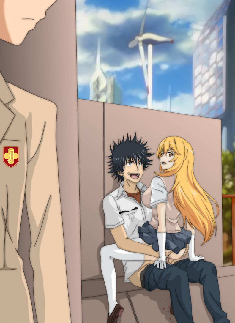 kamijou touma, misaka mikoto, shokuhou misaki, toaru kagaku no railgun, toaru majutsu no index, 1boy, 2girls, ass, black hair, blonde hair, blood, breasts, caught, clothed sex, defloration, girl on top, happy, hetero, large breasts, long hair, medium hair, multiple girls, outdoors, panties, penis, pussy, school uniform, smile, underwear, unworn panties, vaginal, watching